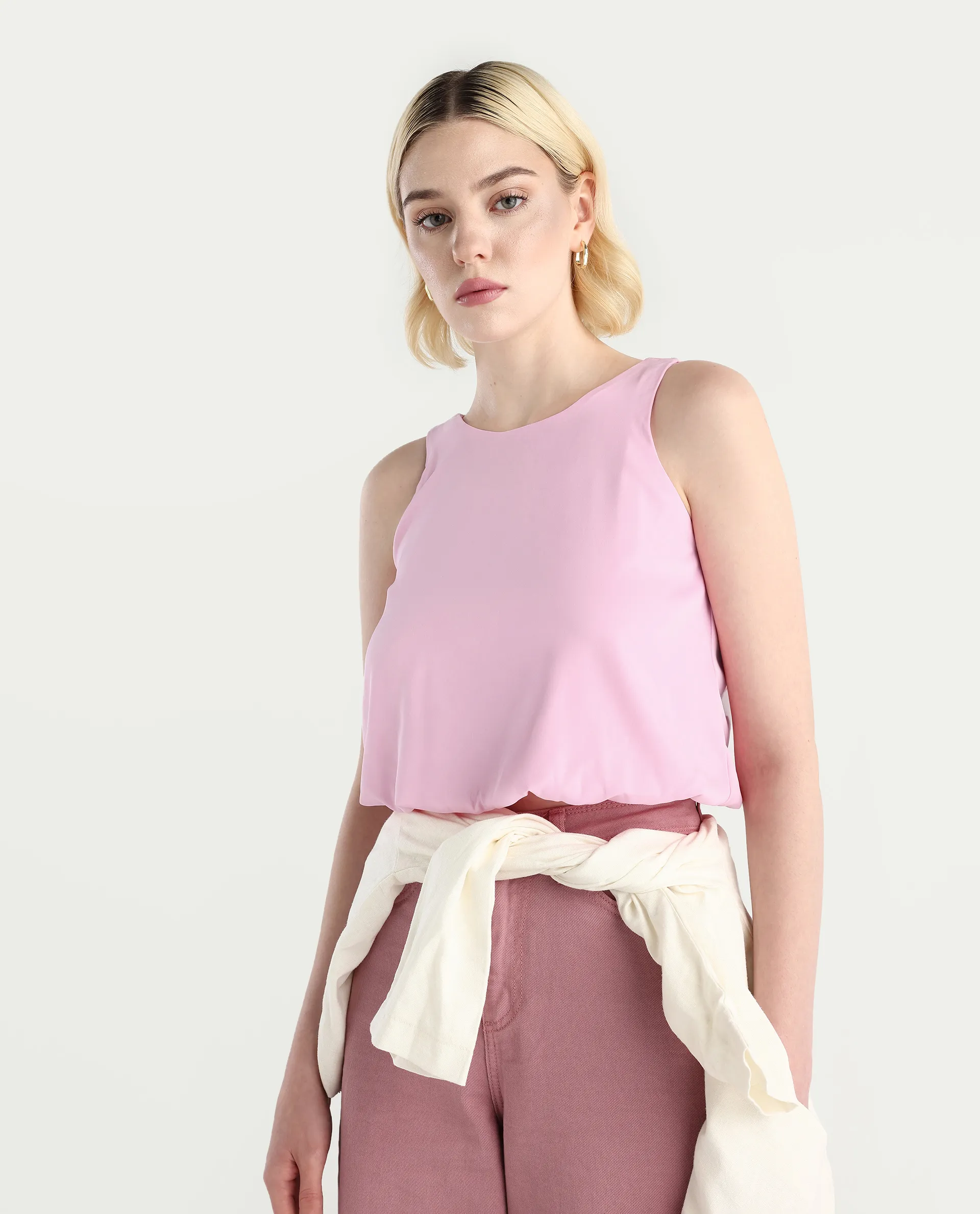 Rareism Women's Epfixo Pink Polyester Crew Neck Plain Sleeveless Crop Regular Fit Top