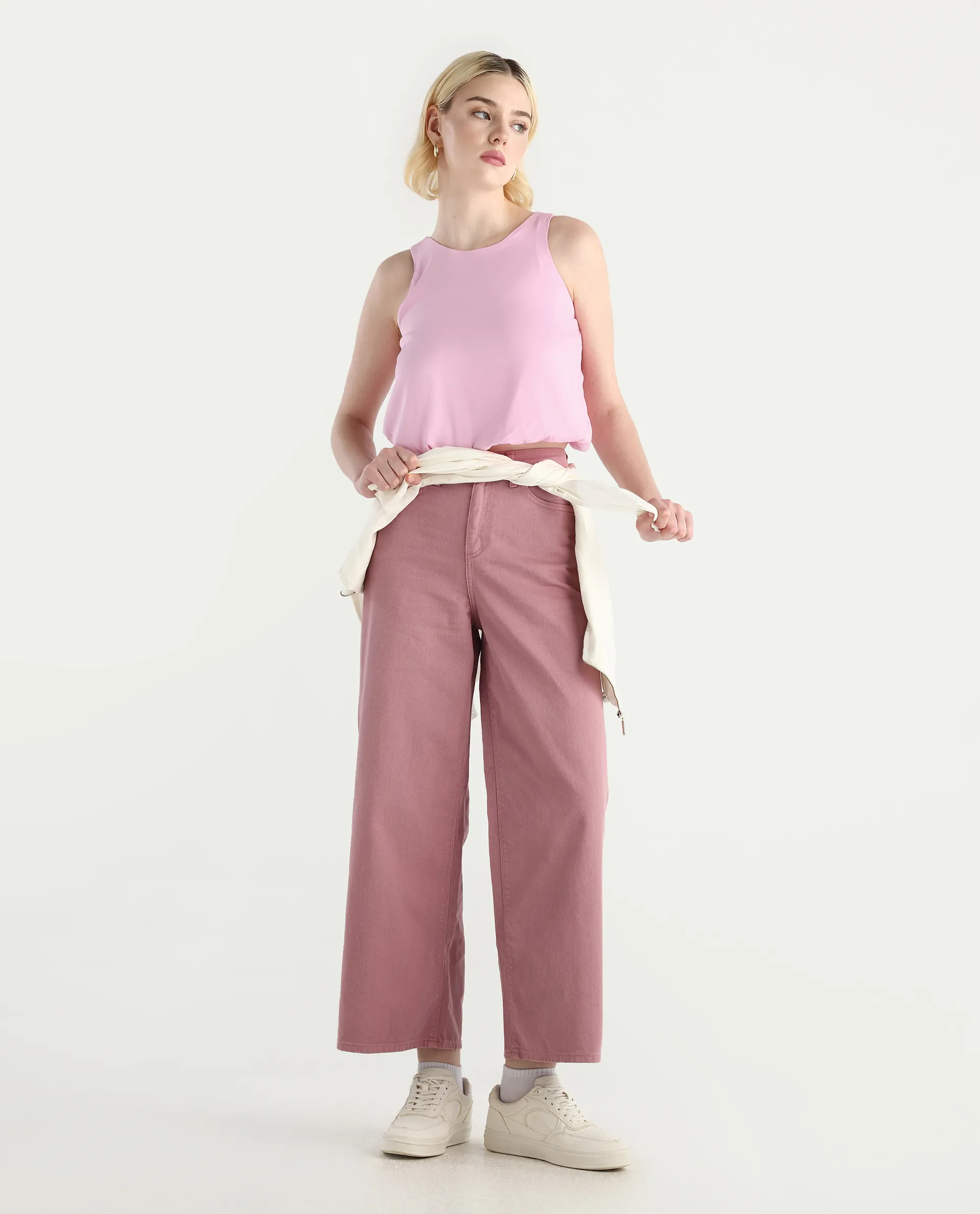 Rareism Women's Epfixo Pink Polyester Crew Neck Plain Sleeveless Crop Regular Fit Top - Image 2