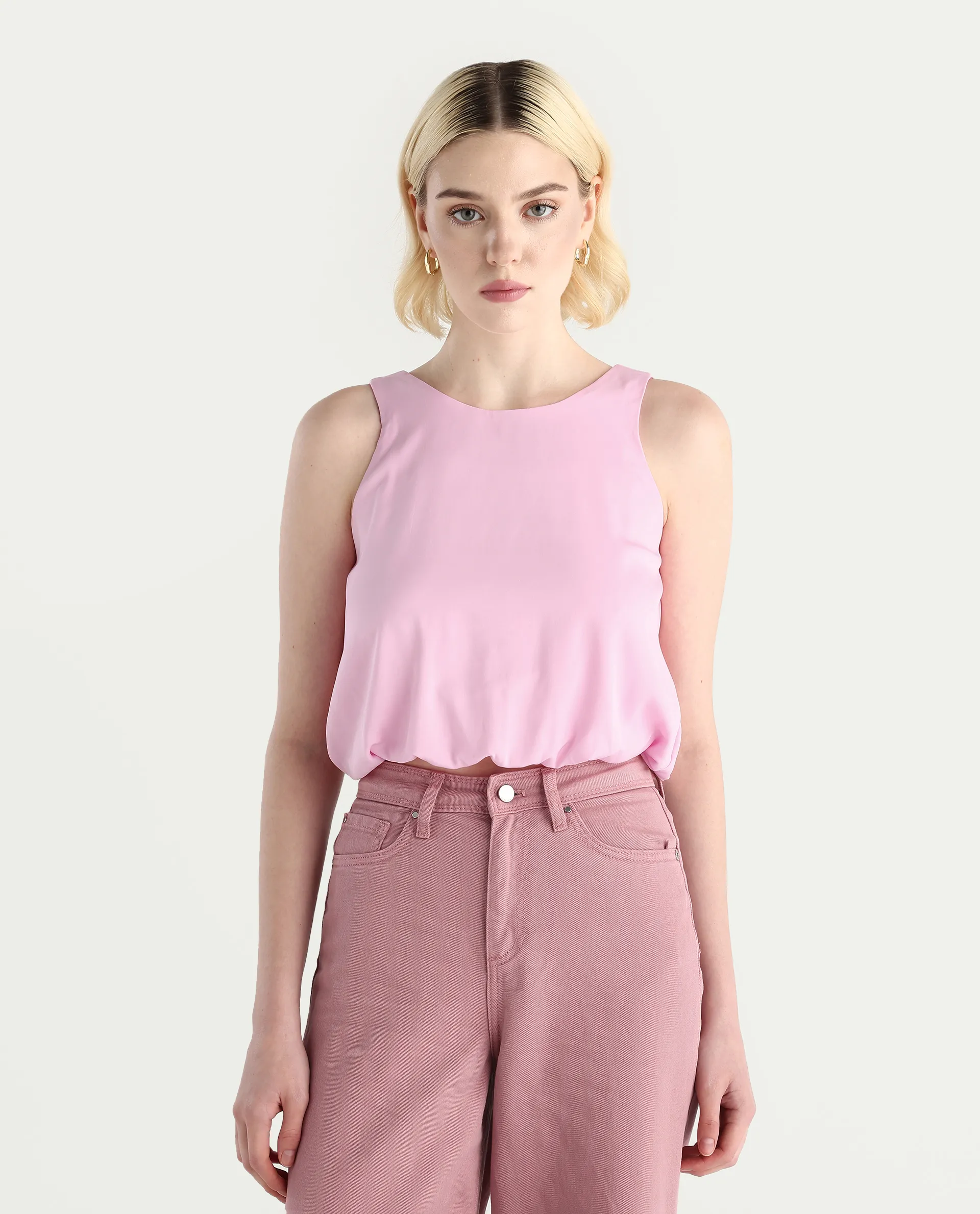Rareism Women's Epfixo Pink Polyester Crew Neck Plain Sleeveless Crop Regular Fit Top - Image 3
