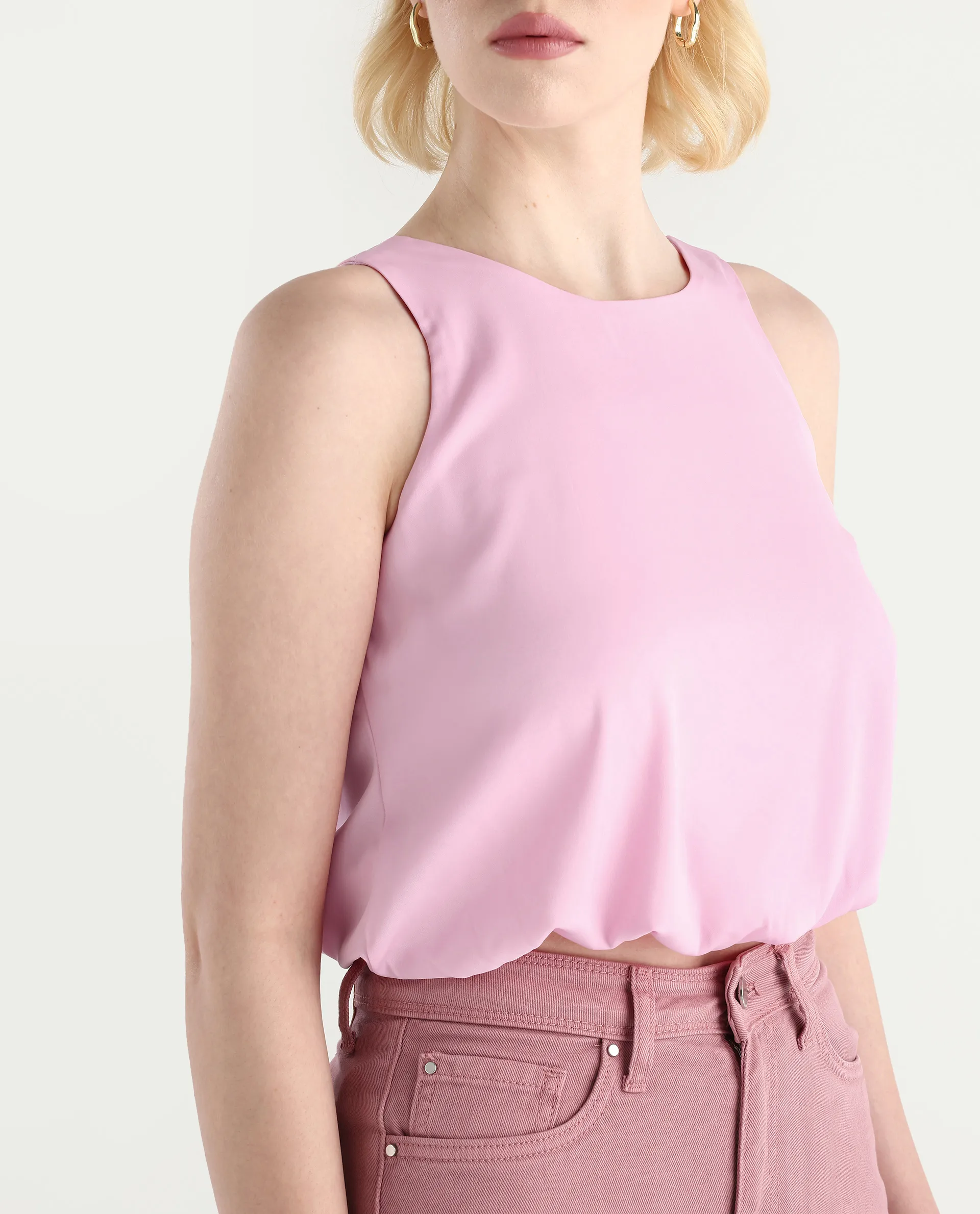 Rareism Women's Epfixo Pink Polyester Crew Neck Plain Sleeveless Crop Regular Fit Top - Image 4