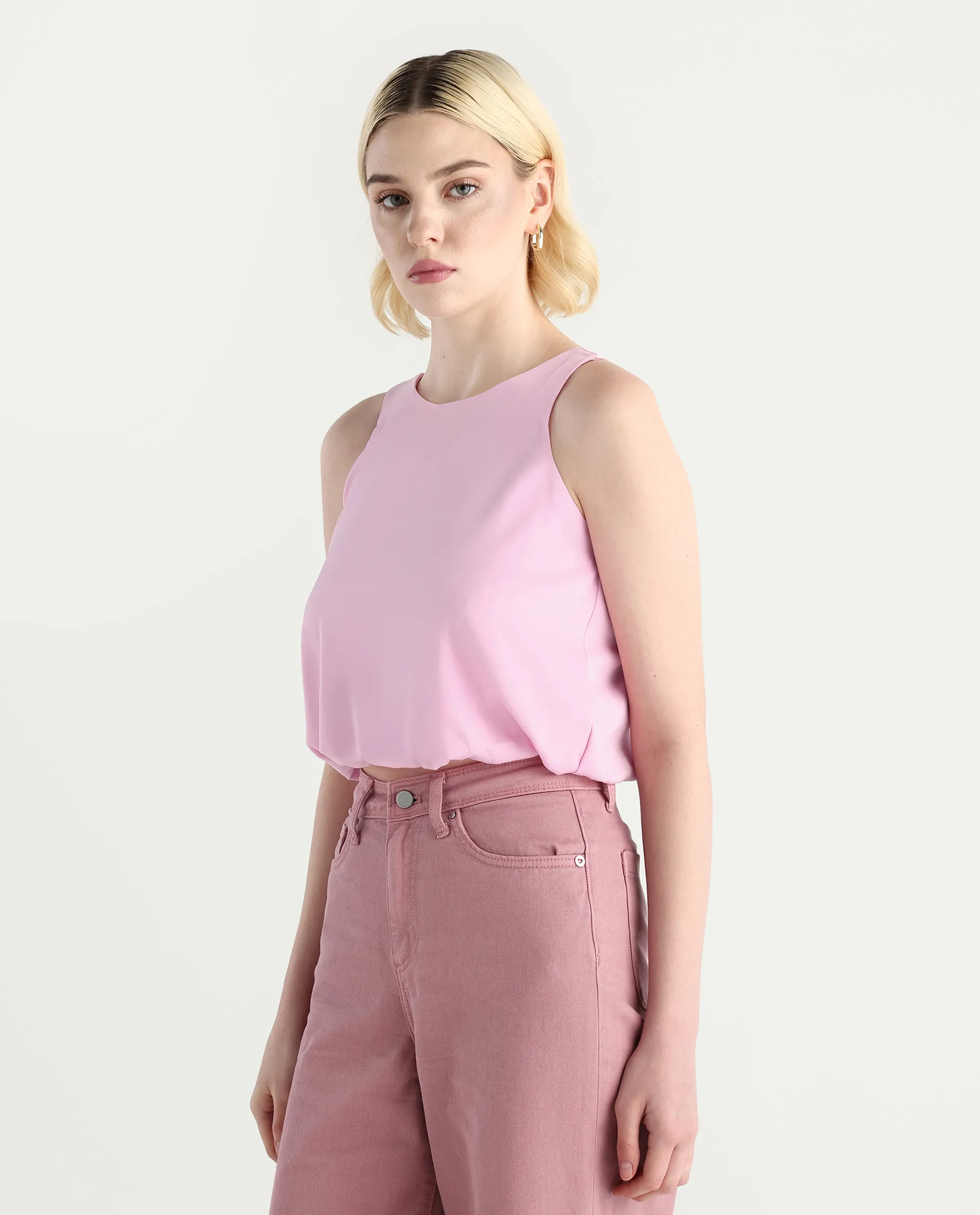 Rareism Women's Epfixo Pink Polyester Crew Neck Plain Sleeveless Crop Regular Fit Top - Image 5