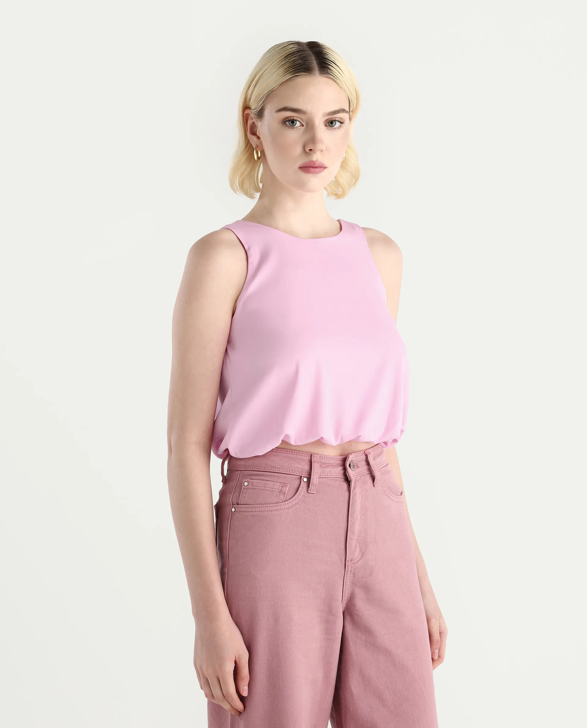 Rareism Women's Epfixo Pink Polyester Crew Neck Plain Sleeveless Crop Regular Fit Top - Image 6