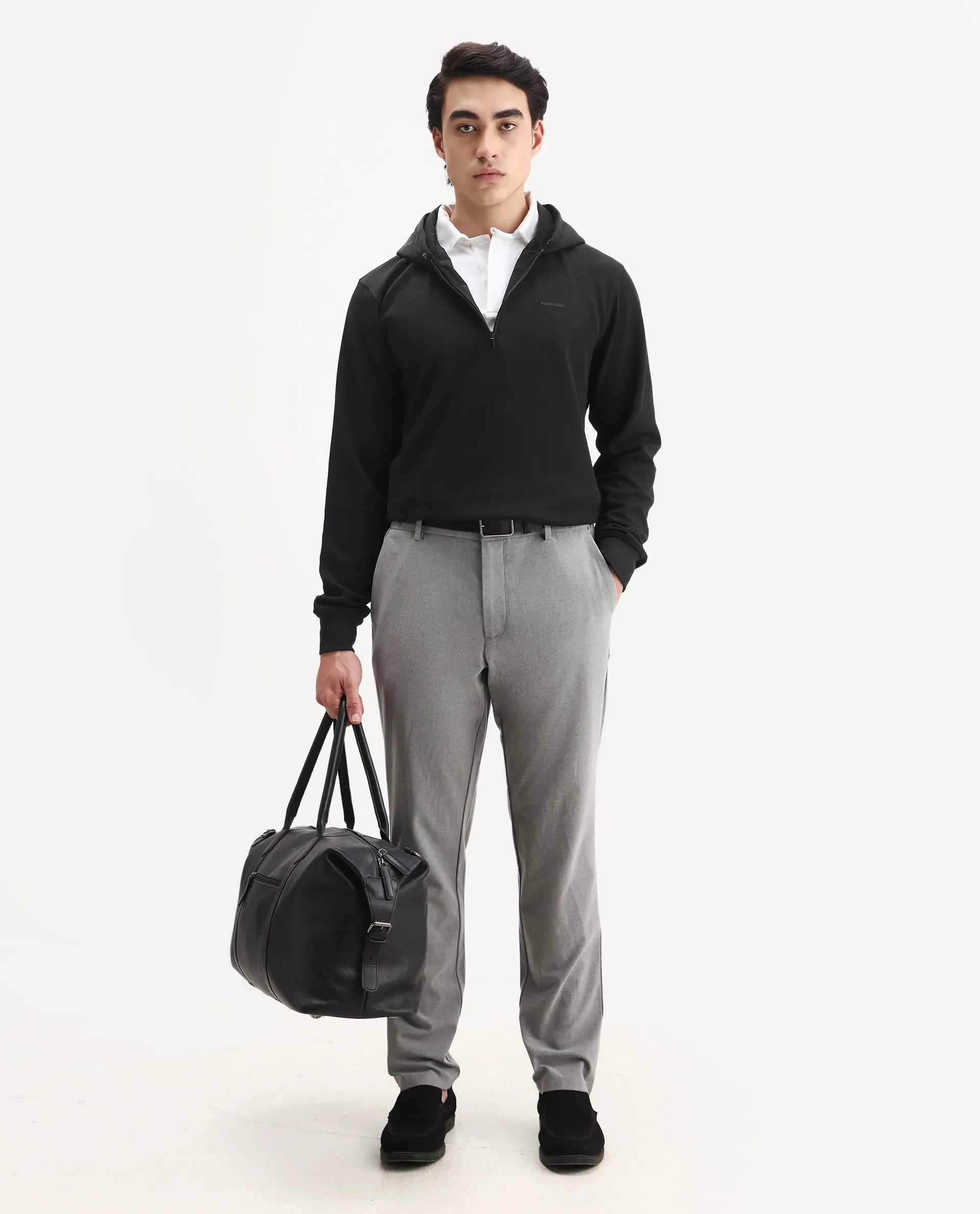 Rare Rabbit Men's Ephin-T Black Cotton Blend Plain Regular Fit Full Sleeve Hooded Sweatshirt - Image 2