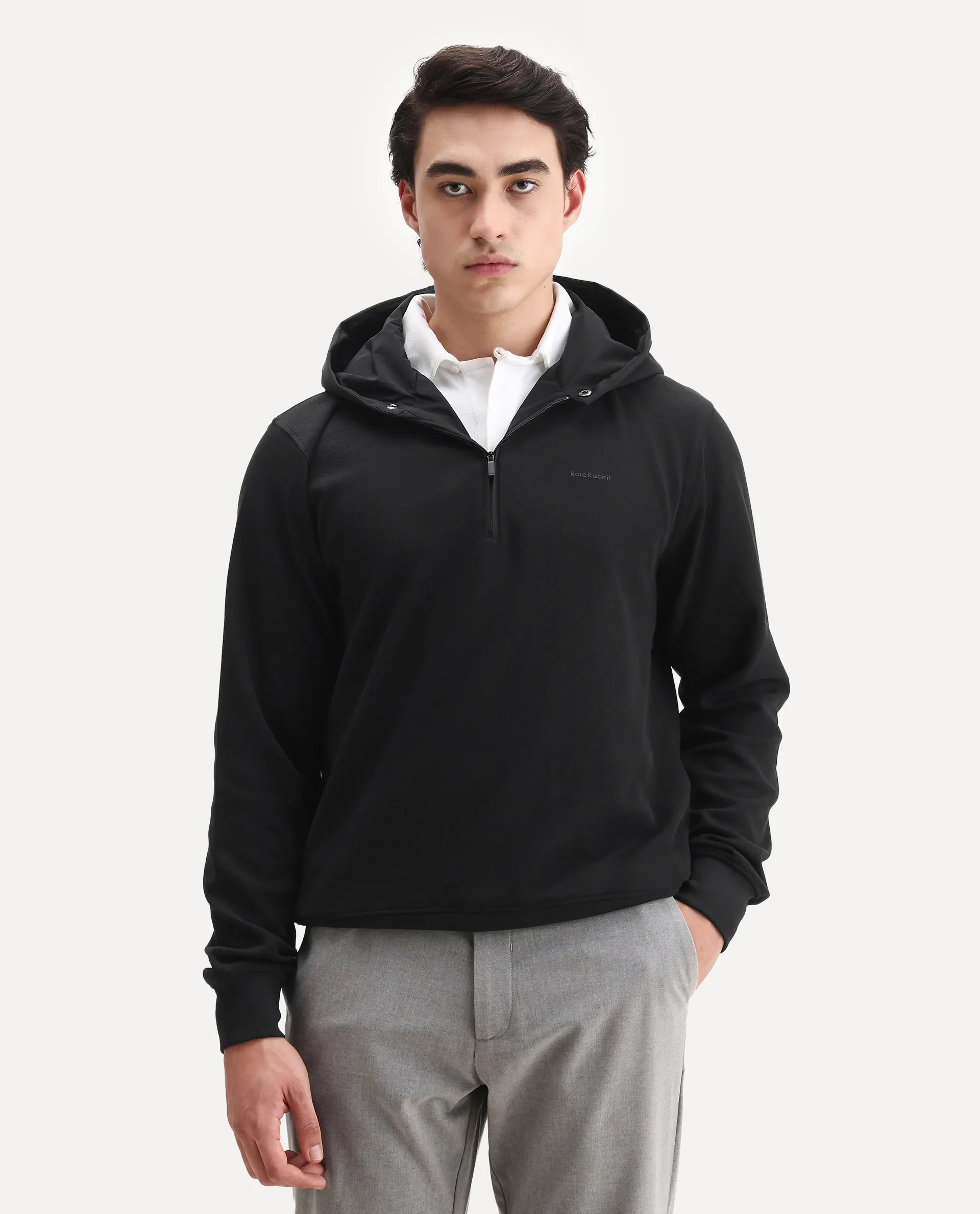 Rare Rabbit Men's Ephin-T Black Cotton Blend Plain Regular Fit Full Sleeve Hooded Sweatshirt - Image 4
