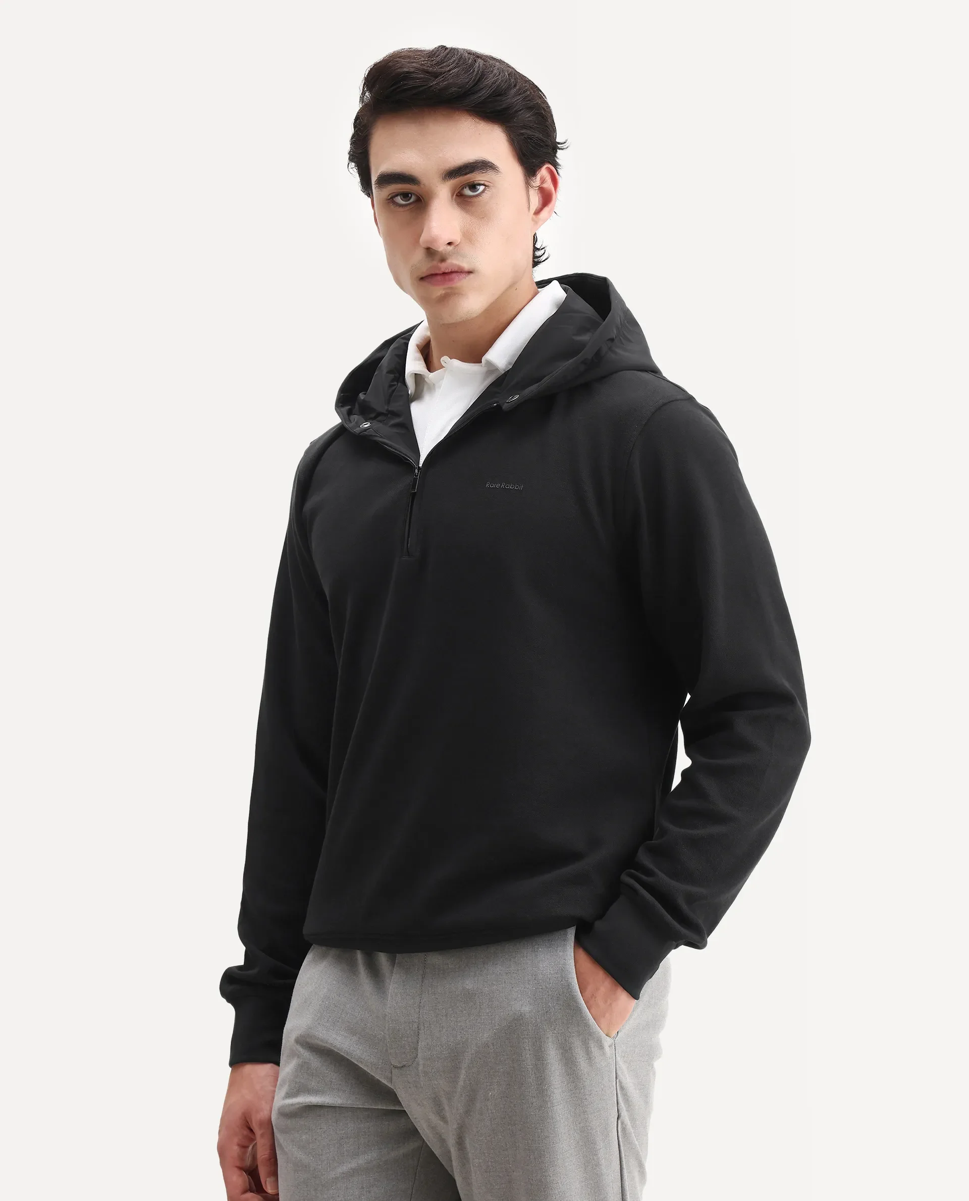 Rare Rabbit Men's Ephin-T Black Cotton Blend Plain Regular Fit Full Sleeve Hooded Sweatshirt - Image 5