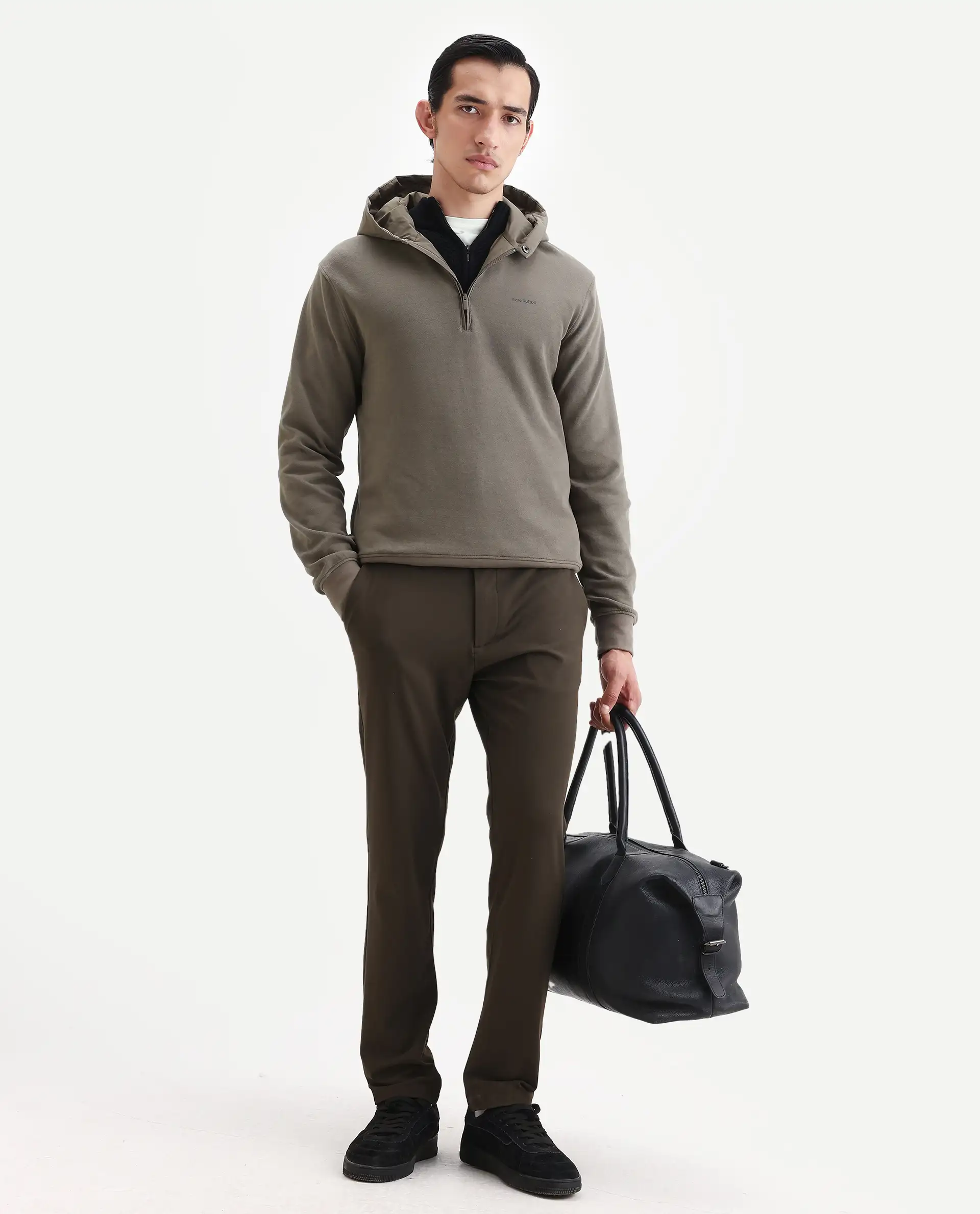 Rare Rabbit Men's Ephin-T Dark Olive Cotton Blend Plain Regular Fit Full Sleeve Hooded Sweatshirt - Image 2