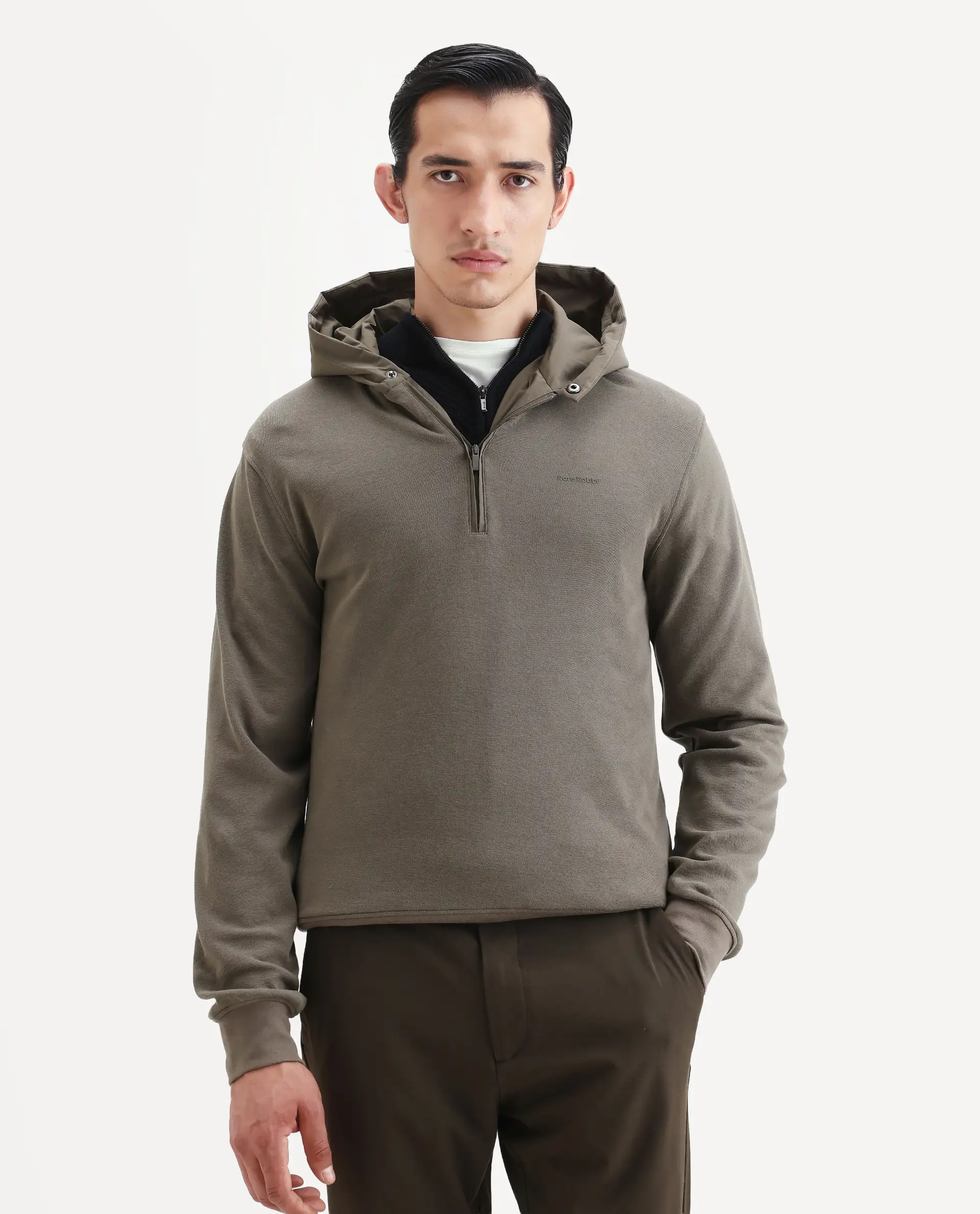Rare Rabbit Men's Ephin-T Dark Olive Cotton Blend Plain Regular Fit Full Sleeve Hooded Sweatshirt - Image 3