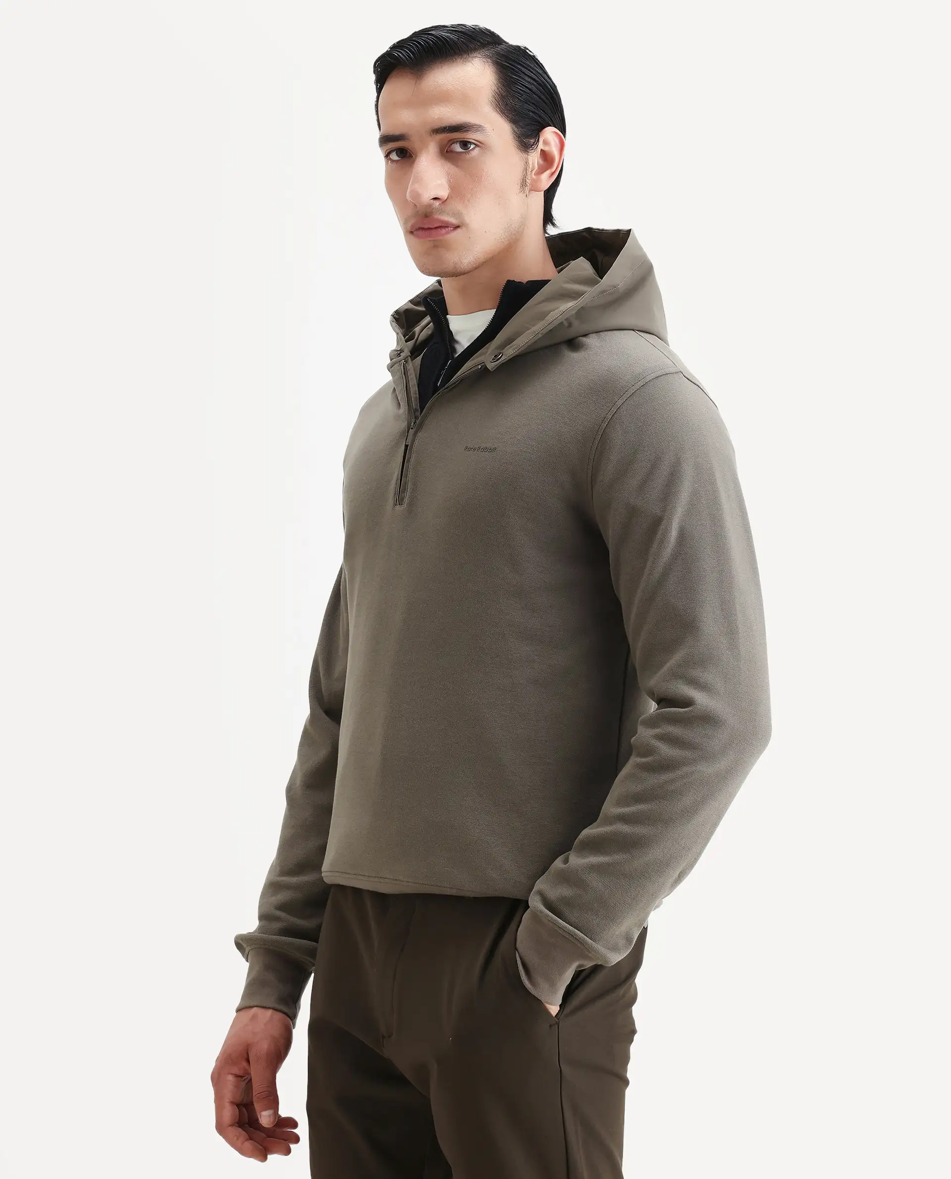 Rare Rabbit Men's Ephin-T Dark Olive Cotton Blend Plain Regular Fit Full Sleeve Hooded Sweatshirt - Image 5