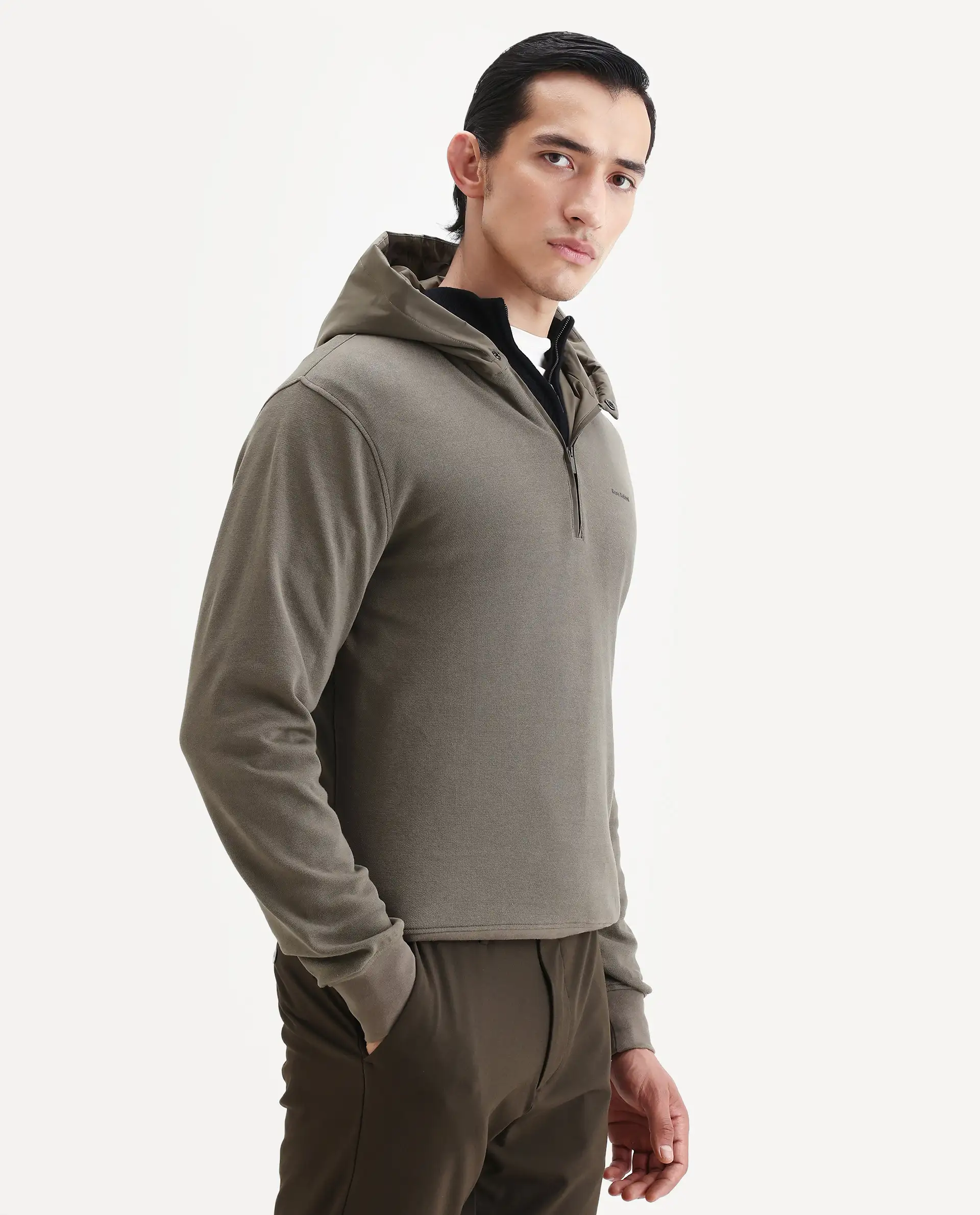 Rare Rabbit Men's Ephin-T Dark Olive Cotton Blend Plain Regular Fit Full Sleeve Hooded Sweatshirt - Image 6