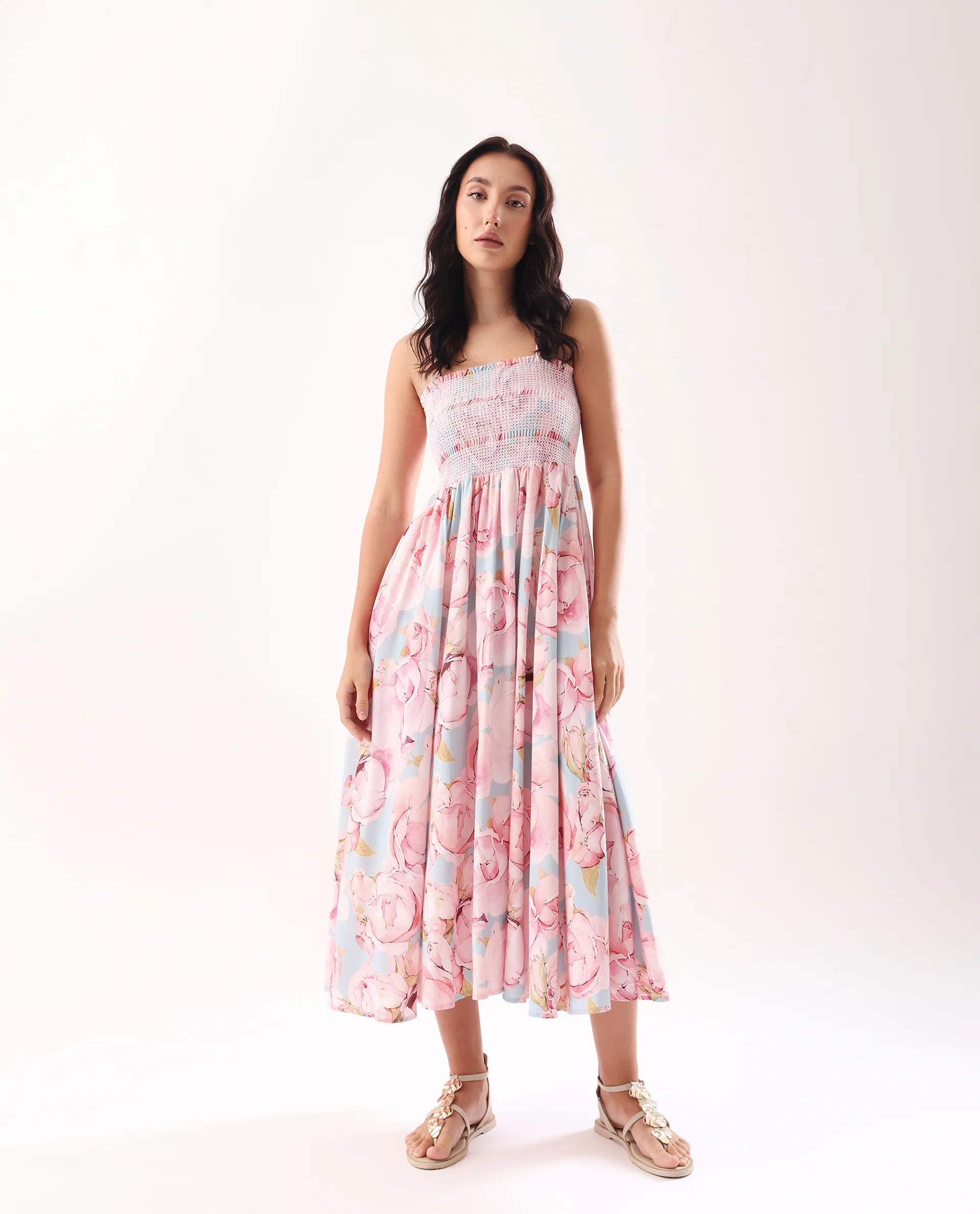 Rareism Women's Epico Multi Viscose Tube Neck Printed Sleeveless Midi Fit And Flare Dress - Image 4