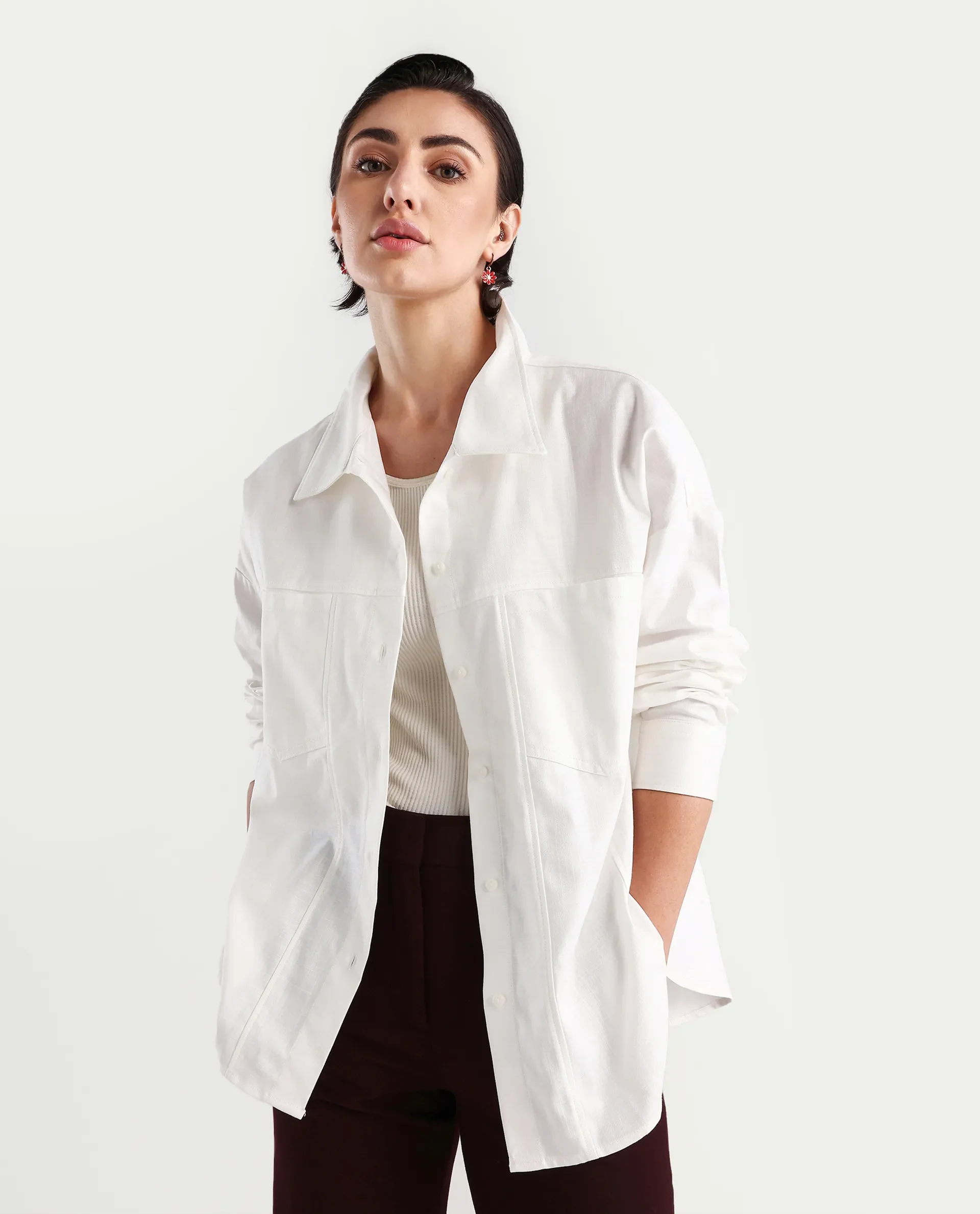 Rareism Women's Epili White Cotton Collared Plain Cuffed Sleeve Boxy Fit Shacket