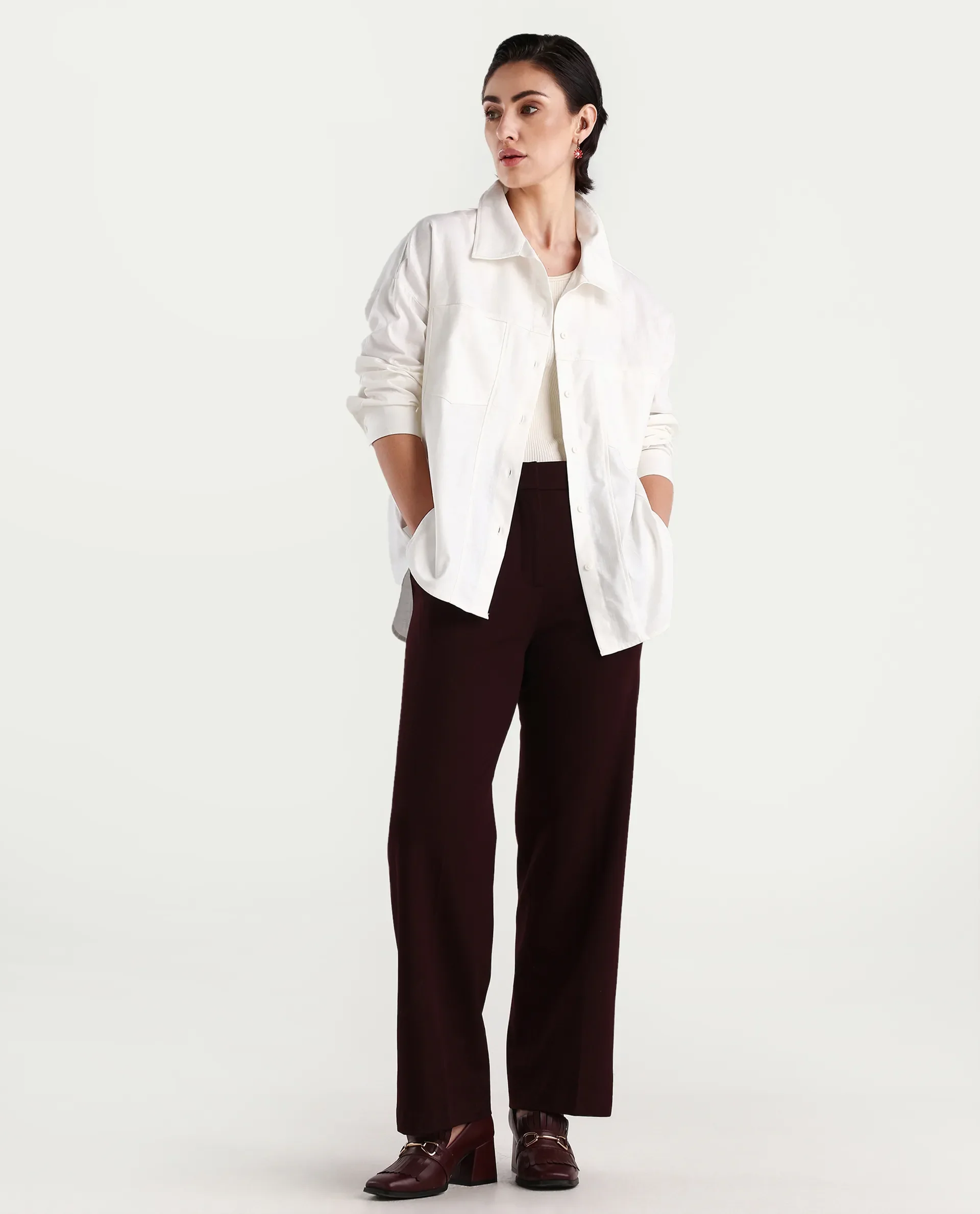 Rareism Women's Epili White Cotton Collared Plain Cuffed Sleeve Boxy Fit Shacket - Image 2