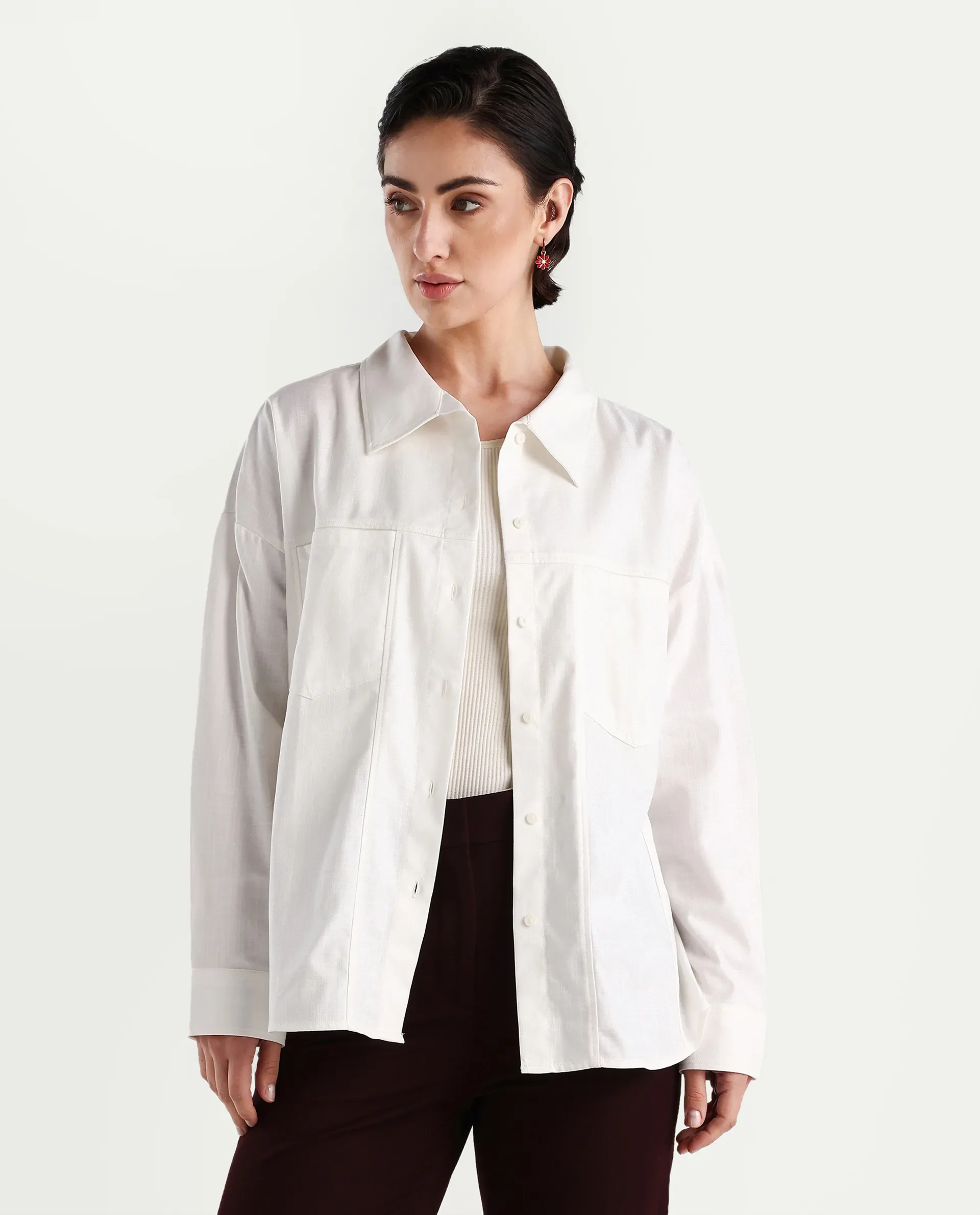 Rareism Women's Epili White Cotton Collared Plain Cuffed Sleeve Boxy Fit Shacket - Image 3