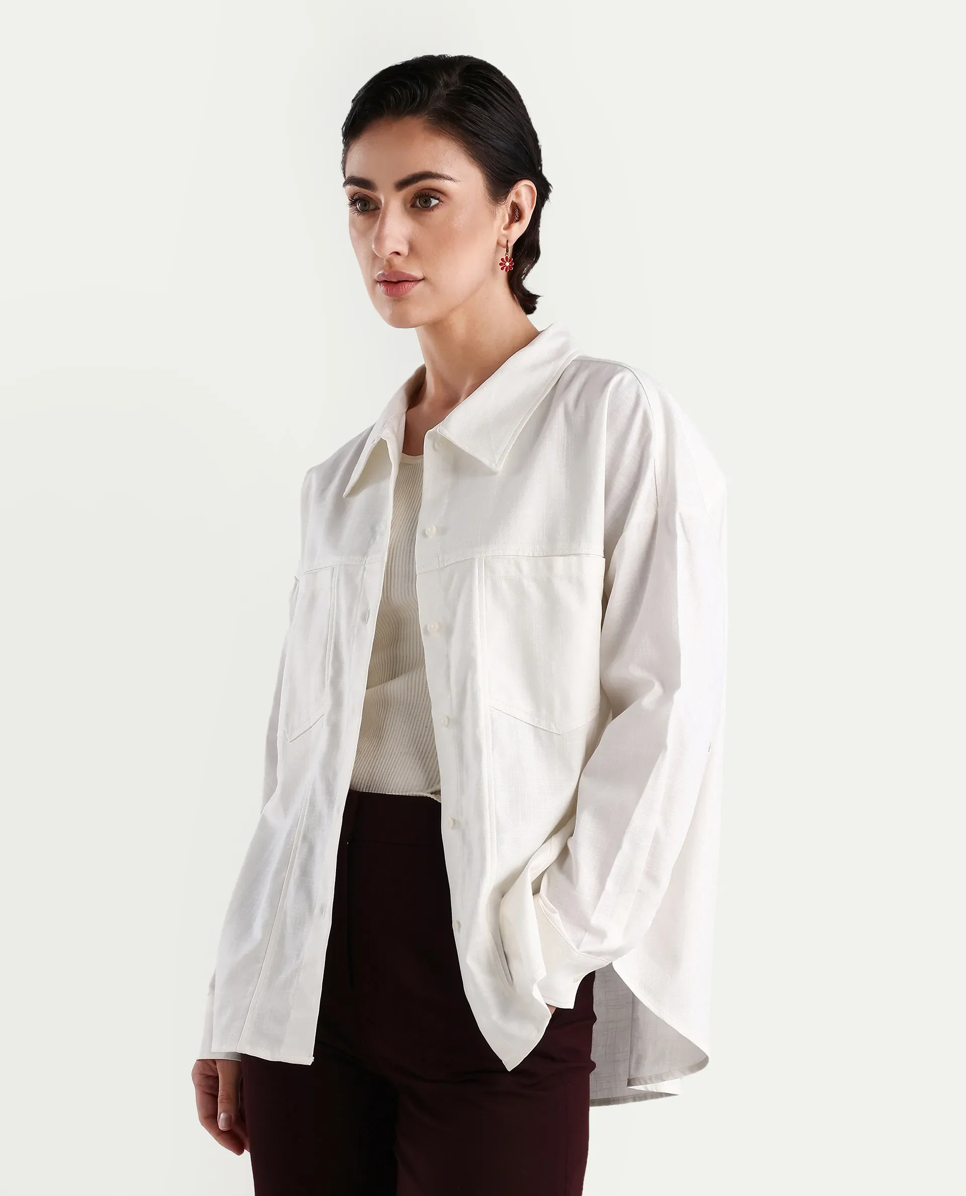 Rareism Women's Epili White Cotton Collared Plain Cuffed Sleeve Boxy Fit Shacket - Image 5