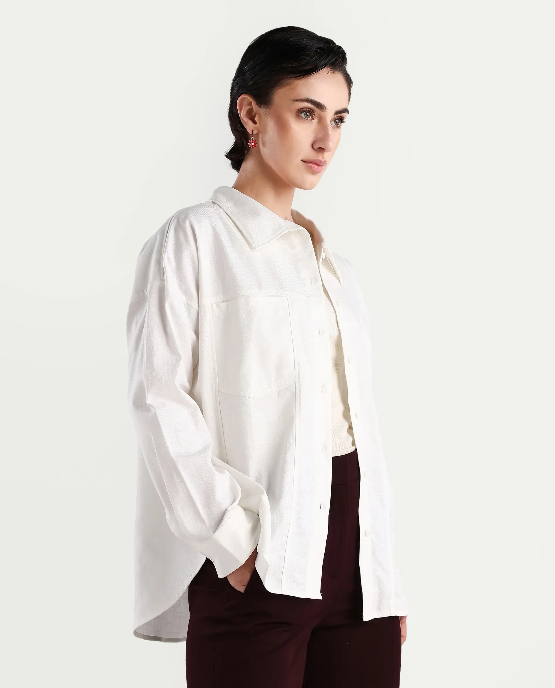 Rareism Women's Epili White Cotton Collared Plain Cuffed Sleeve Boxy Fit Shacket - Image 6