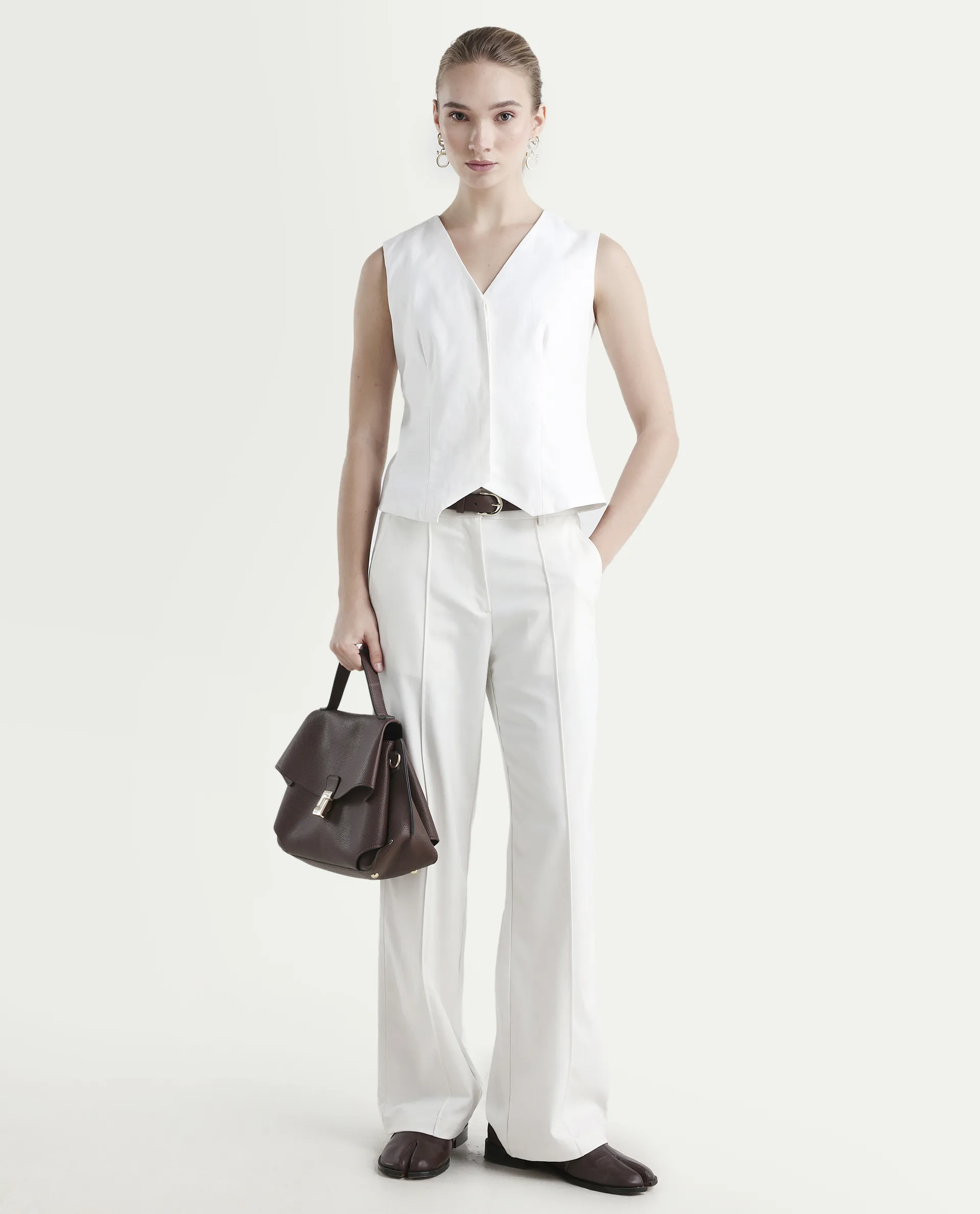 Rareism Women's Epilic White Cotton V-Neck Plain Sleeveless Regular Fit Waist Coat - Image 2