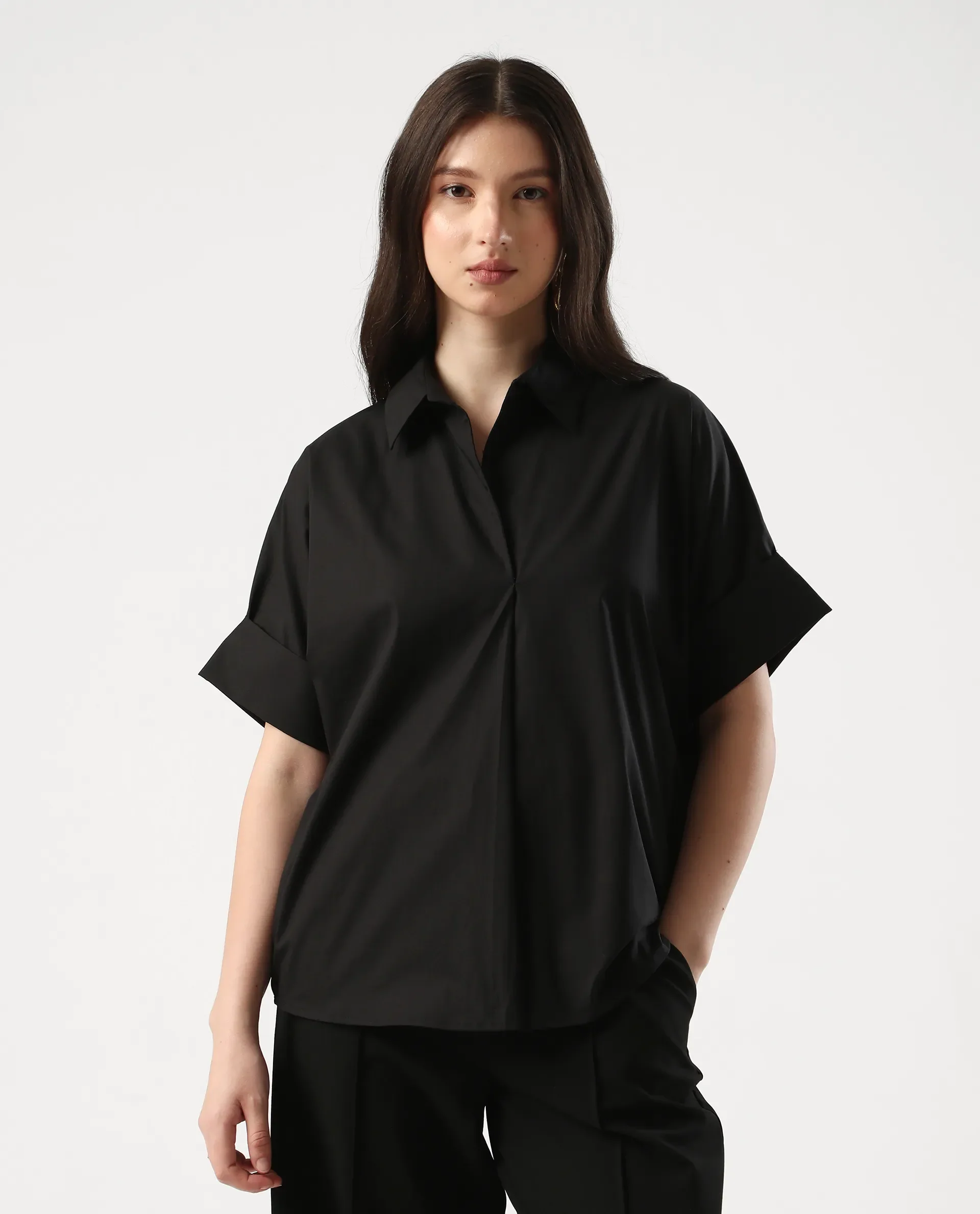 Rareism Women's Episo Black Cotton Blend Plain Extended Sleeves Boxy Fit Top - Image 2