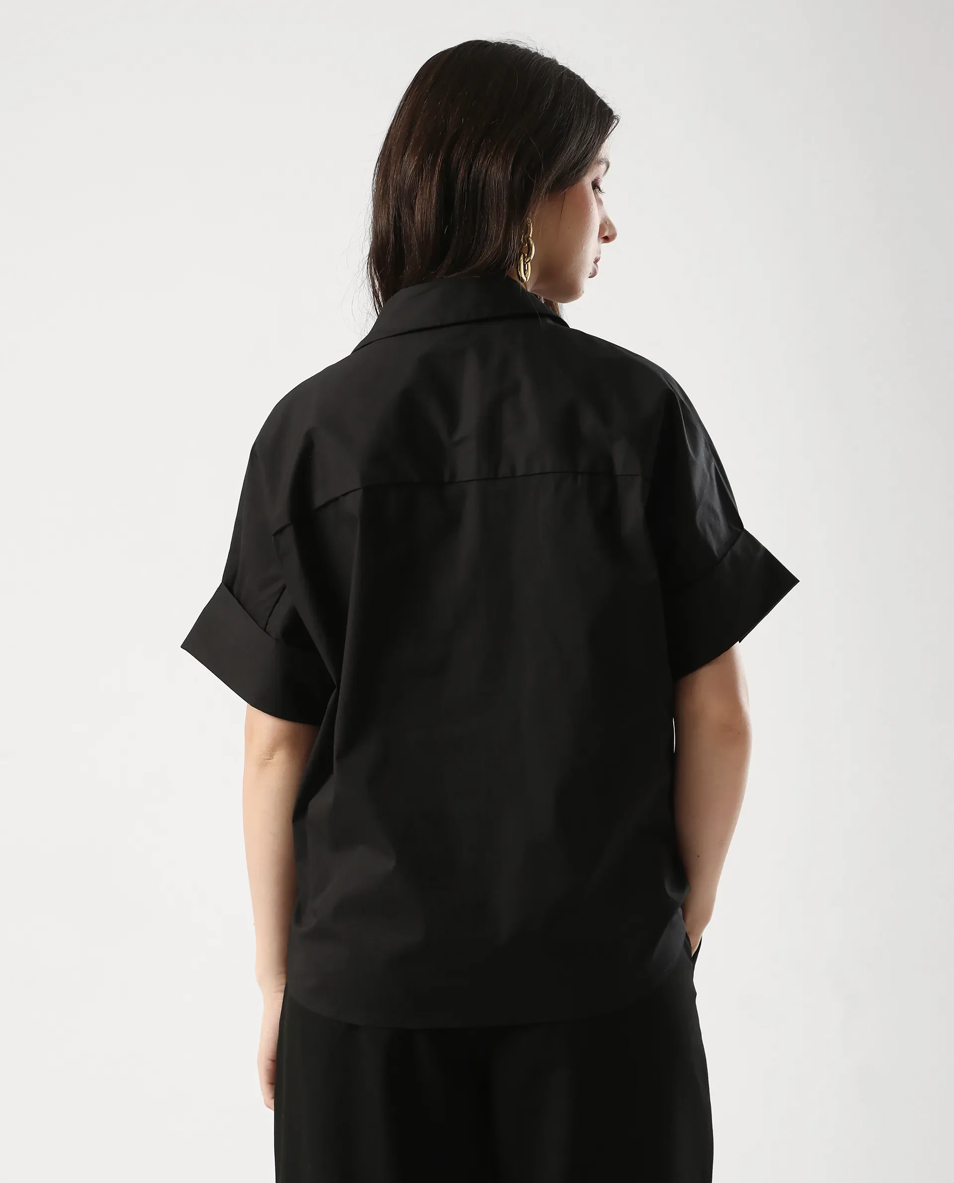 Rareism Women's Episo Black Cotton Blend Plain Extended Sleeves Boxy Fit Top - Image 6