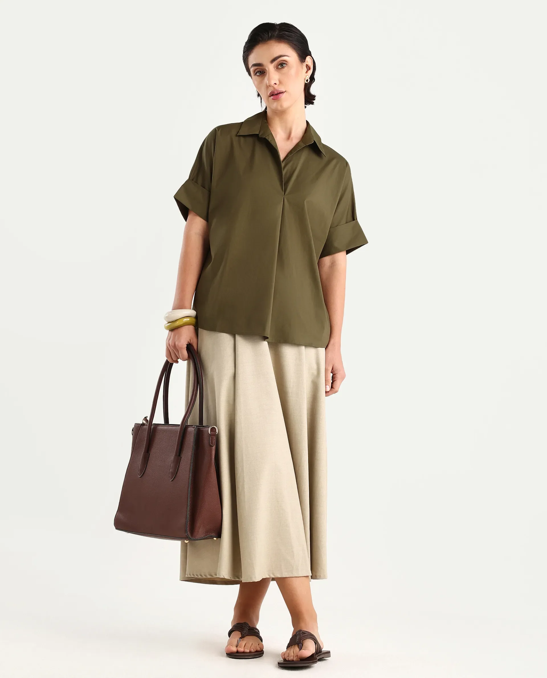 Rareism Women's Episo Olive Cotton Blend Plain Extended Sleeves Boxy Fit Top - Image 2