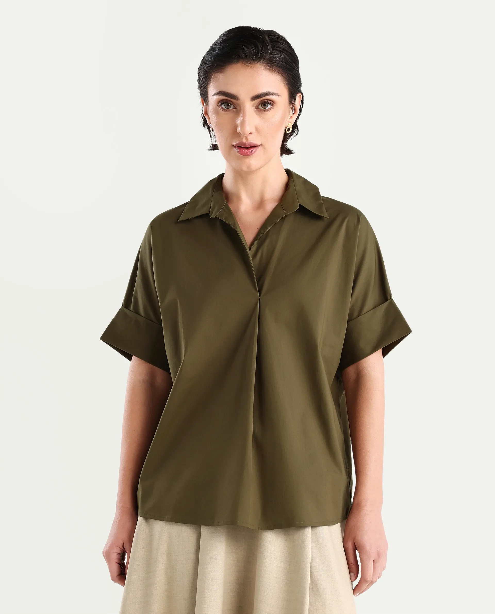 Rareism Women's Episo Olive Cotton Blend Plain Extended Sleeves Boxy Fit Top - Image 3