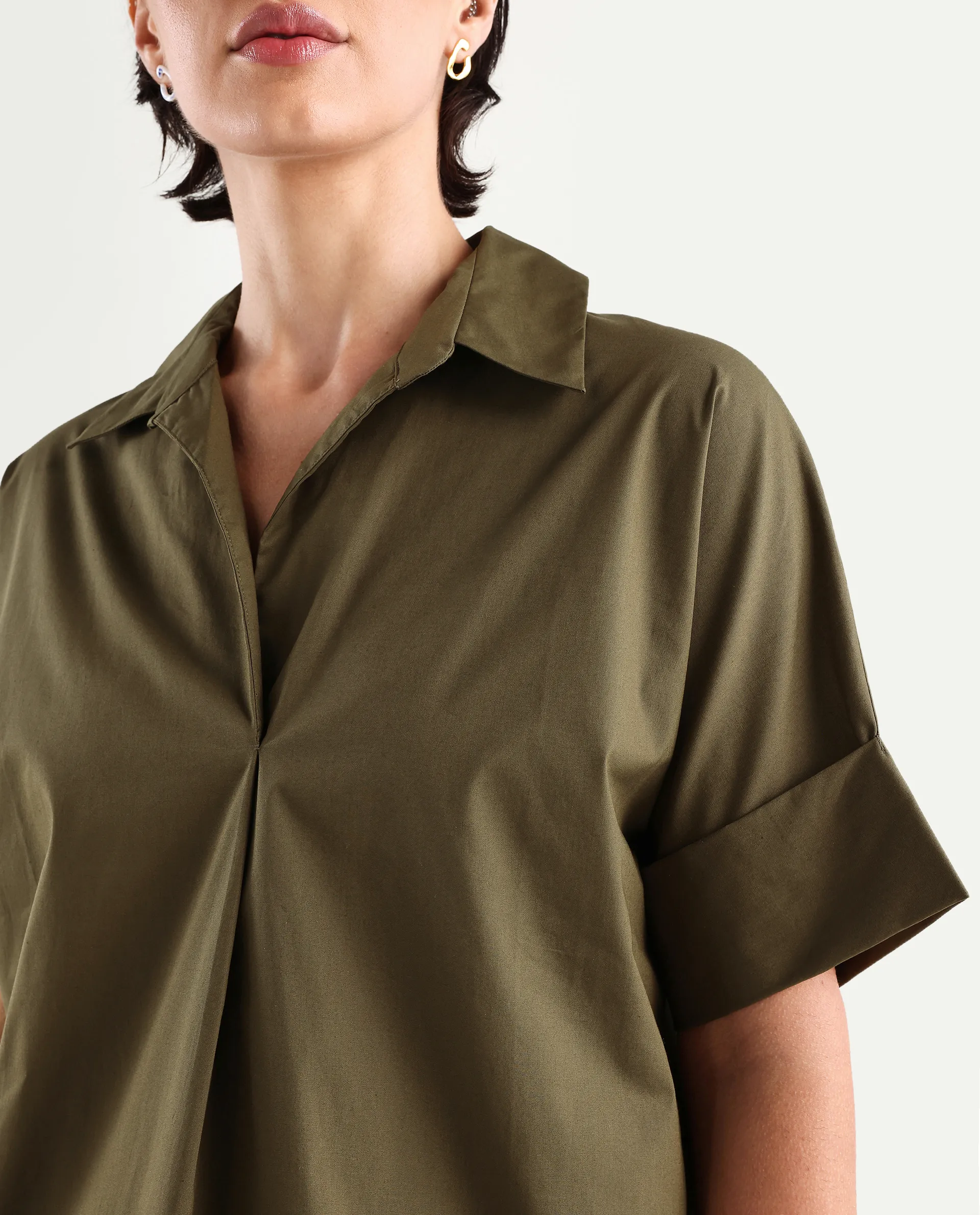 Rareism Women's Episo Olive Cotton Blend Plain Extended Sleeves Boxy Fit Top - Image 4