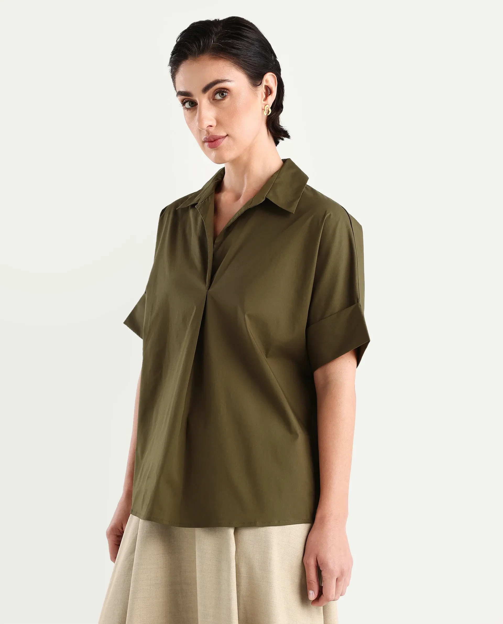 Rareism Women's Episo Olive Cotton Blend Plain Extended Sleeves Boxy Fit Top - Image 5