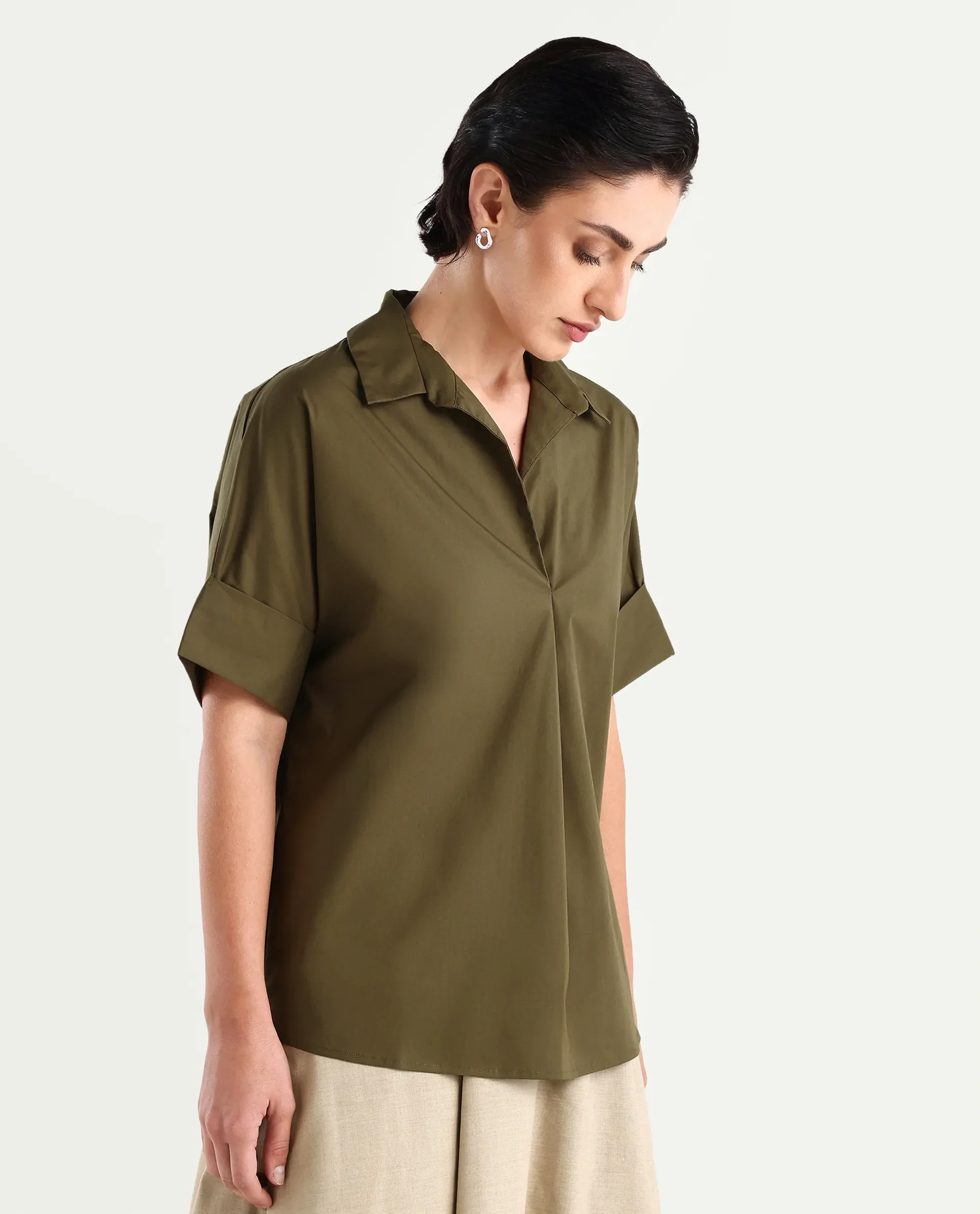 Rareism Women's Episo Olive Cotton Blend Plain Extended Sleeves Boxy Fit Top - Image 6