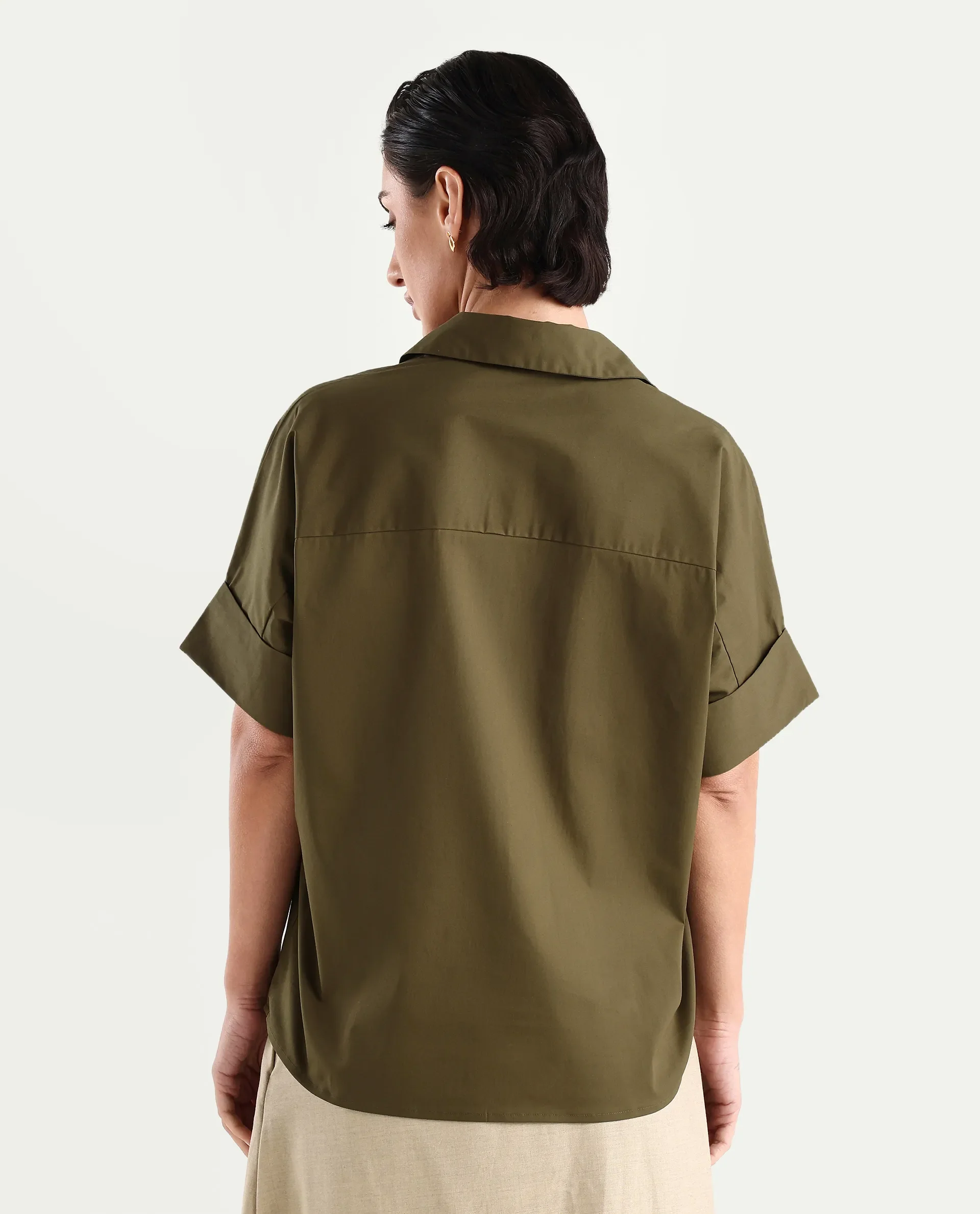 Rareism Women's Episo Olive Cotton Blend Plain Extended Sleeves Boxy Fit Top - Image 7