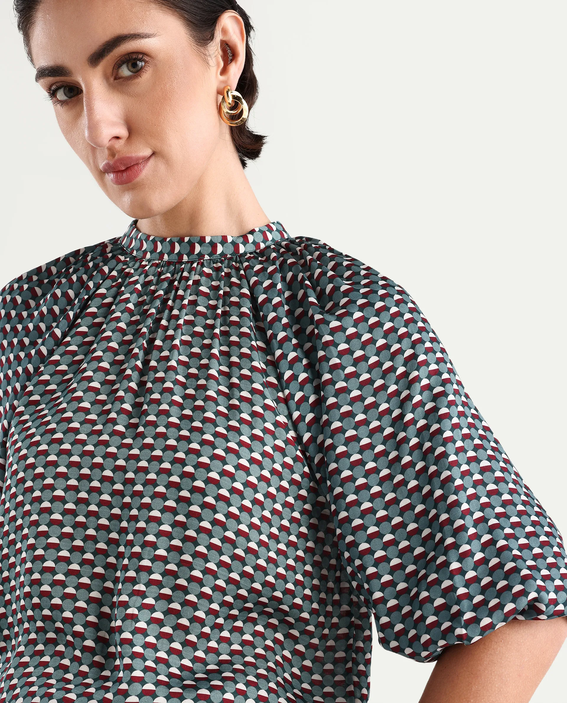 Rareism Women's Epizo Teal Polyester Abstract Print Raglan Sleeve Regular Fit Top - Image 3