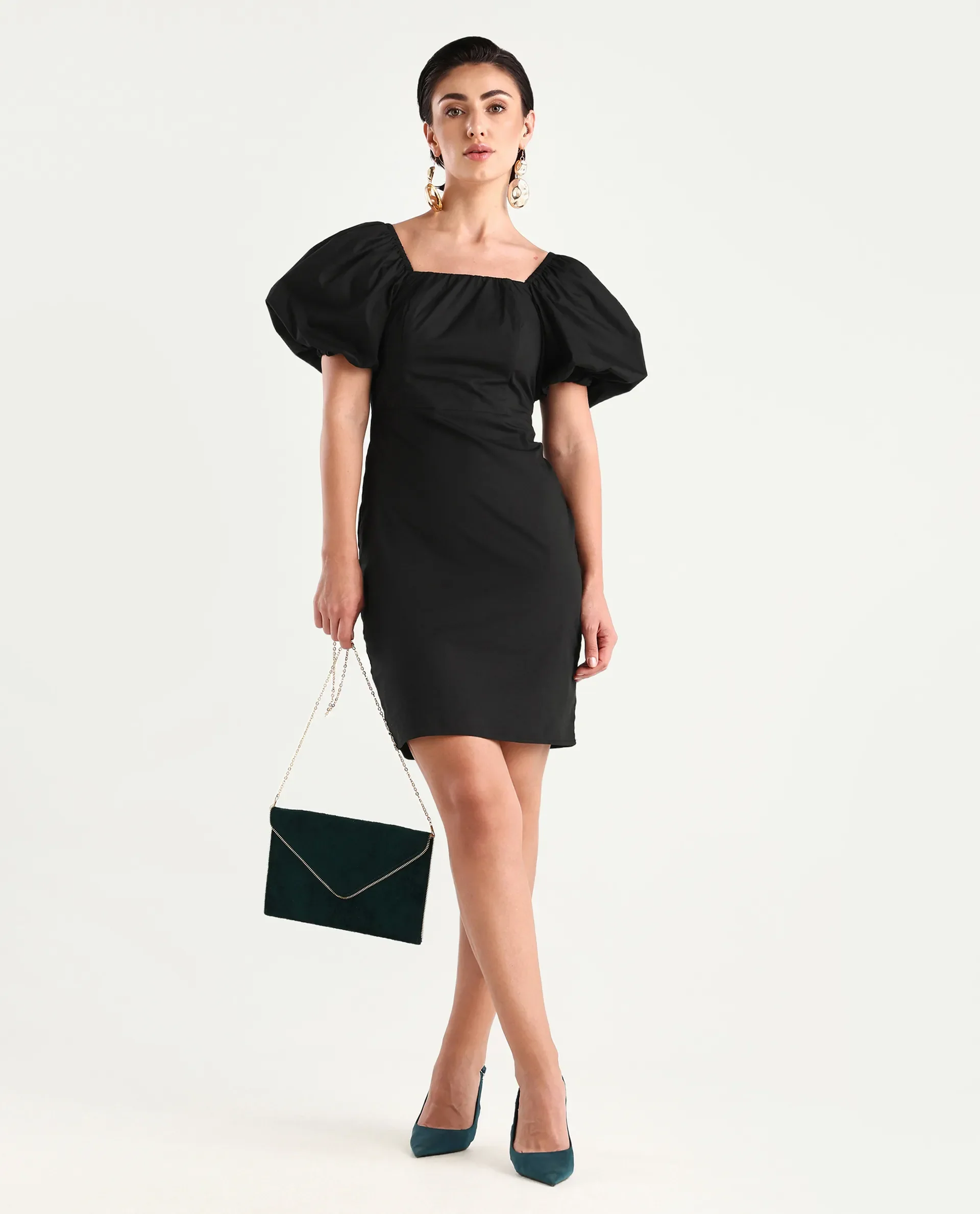 Rareism Women's Eplan Black Cotton Square Neck Plain Balloon Sleeve Mini Straight Fit Dress