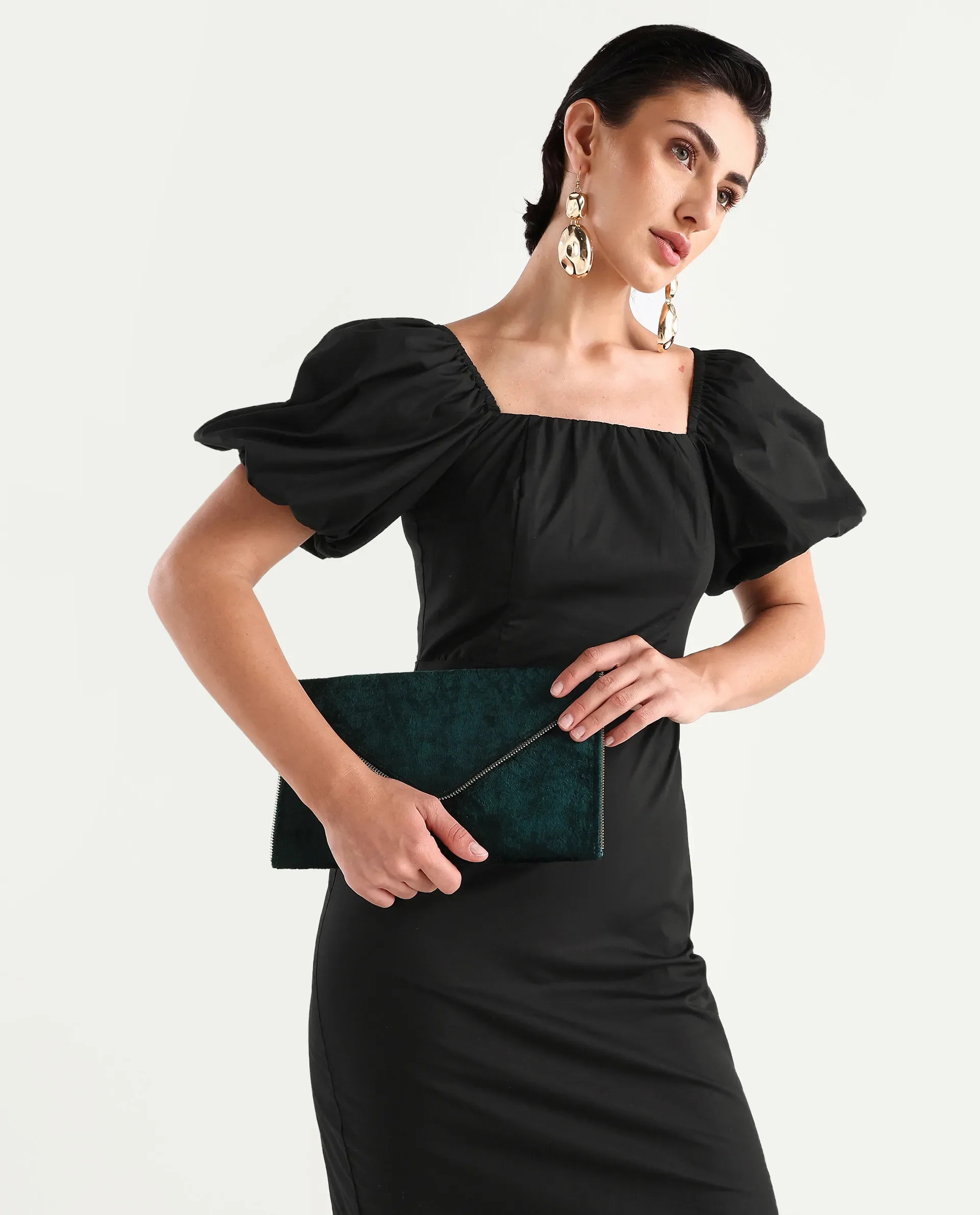 Rareism Women's Eplan Black Cotton Square Neck Plain Balloon Sleeve Mini Straight Fit Dress - Image 2