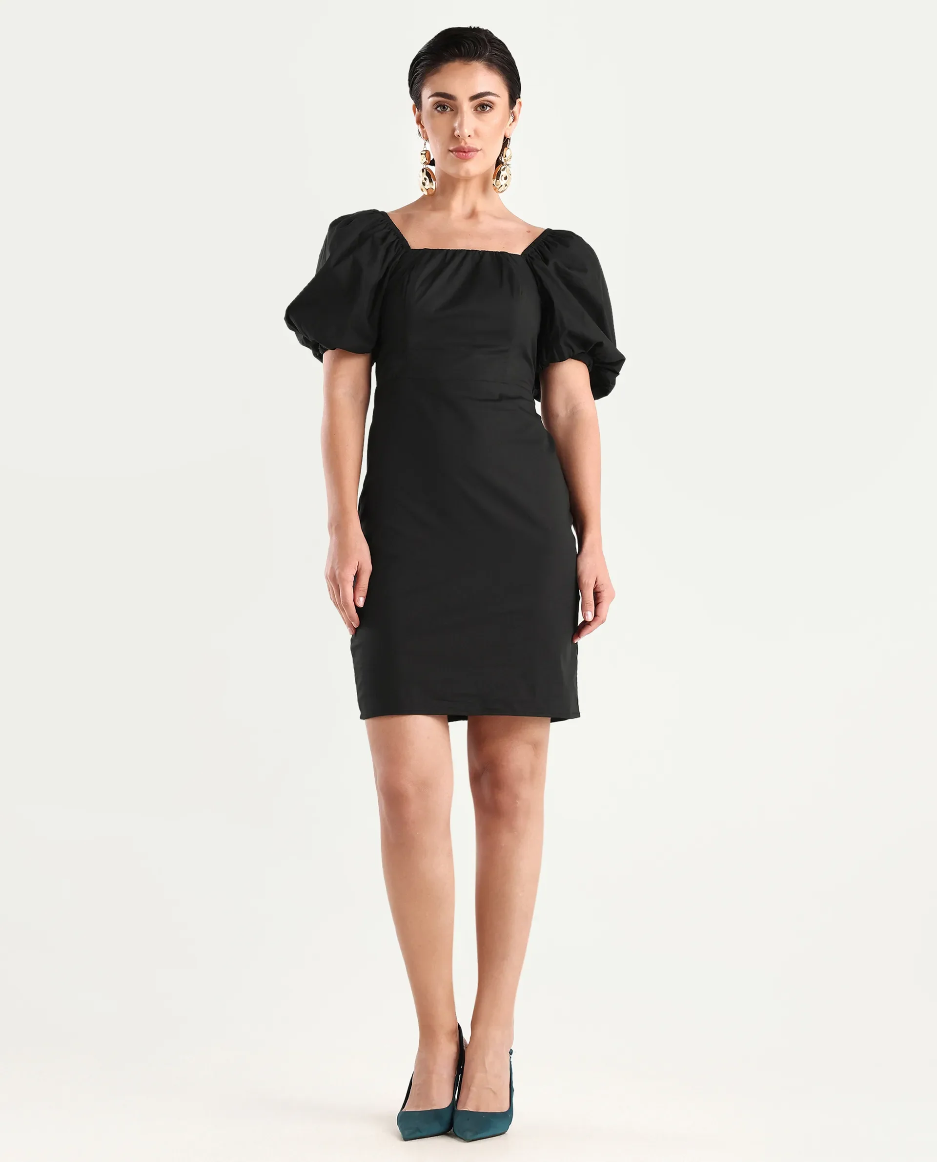 Rareism Women's Eplan Black Cotton Square Neck Plain Balloon Sleeve Mini Straight Fit Dress - Image 4