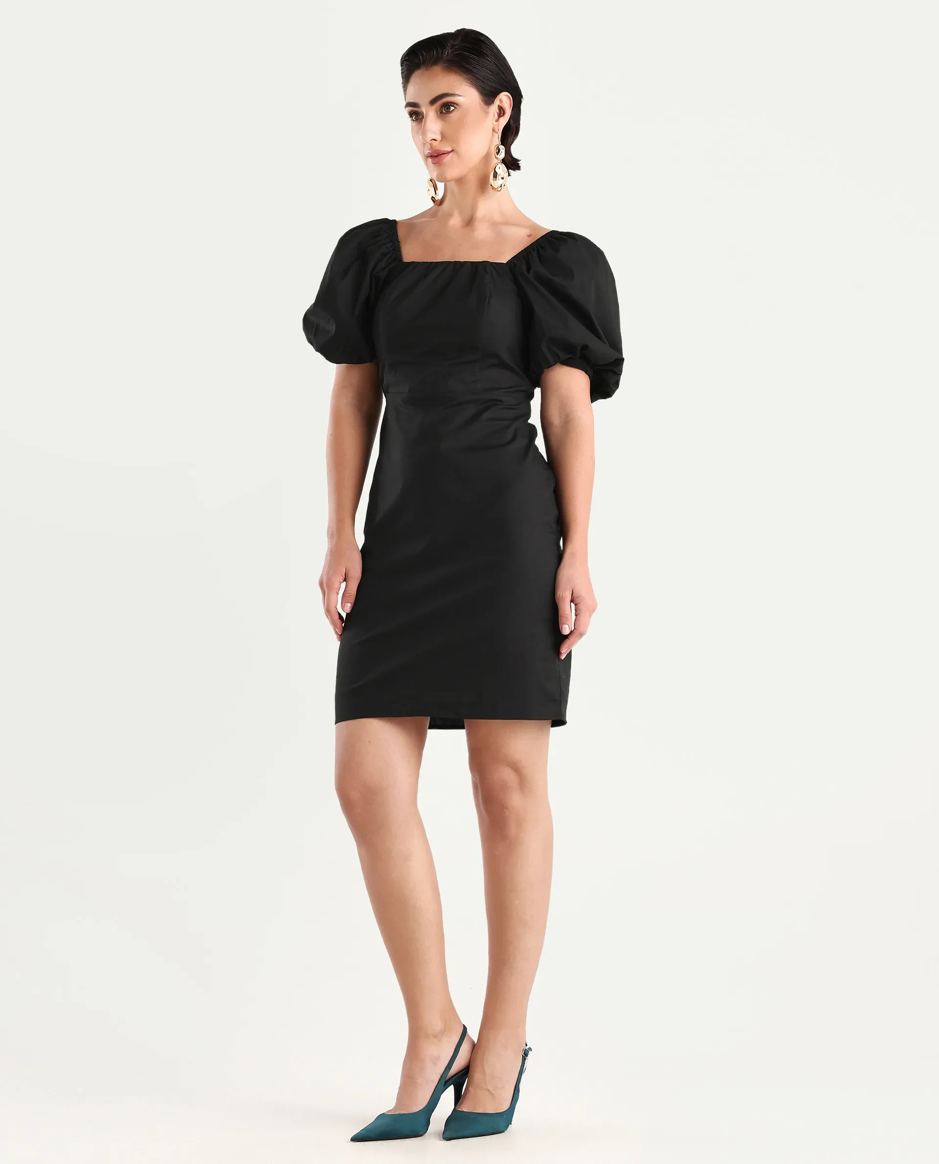 Rareism Women's Eplan Black Cotton Square Neck Plain Balloon Sleeve Mini Straight Fit Dress - Image 5