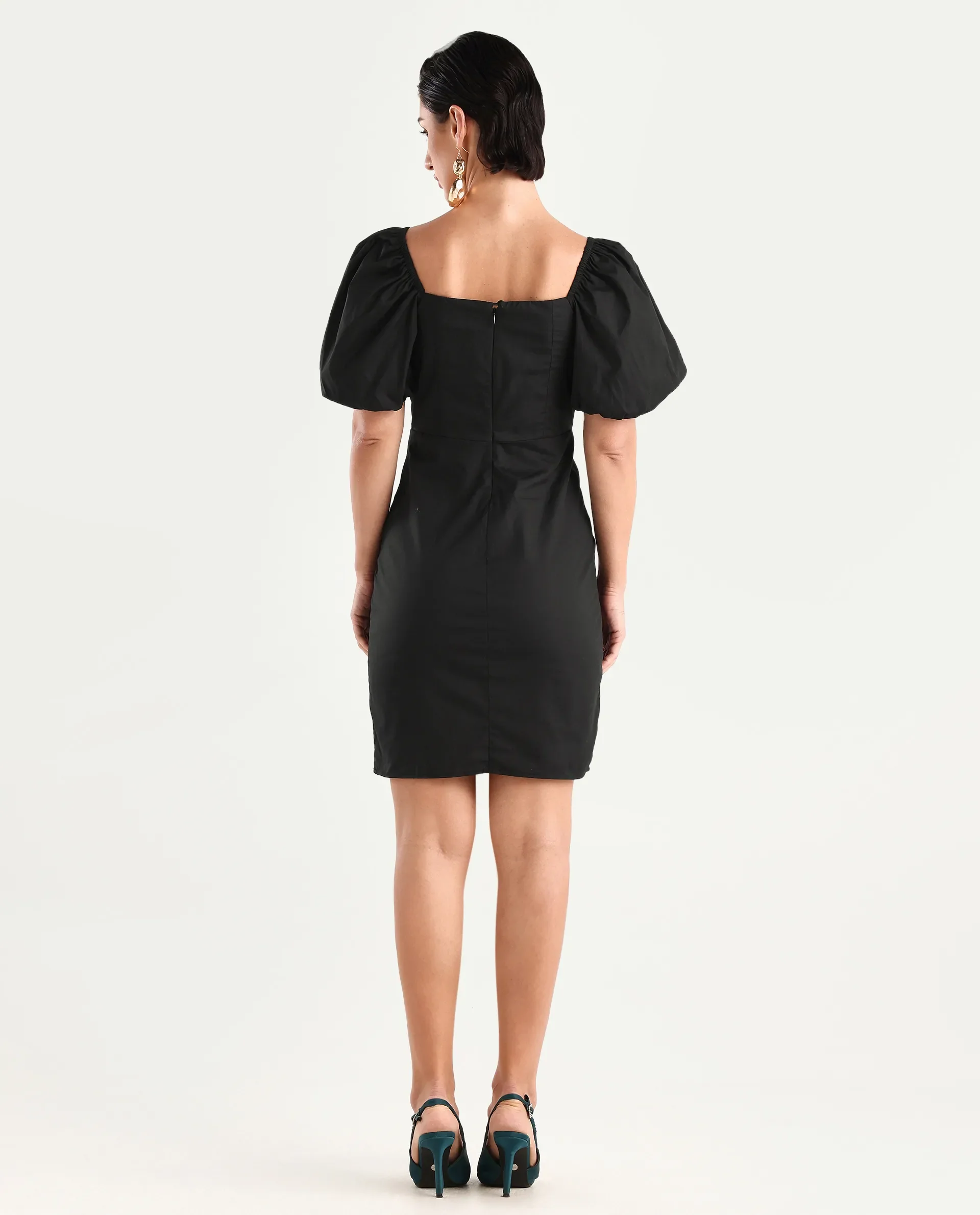 Rareism Women's Eplan Black Cotton Square Neck Plain Balloon Sleeve Mini Straight Fit Dress - Image 7