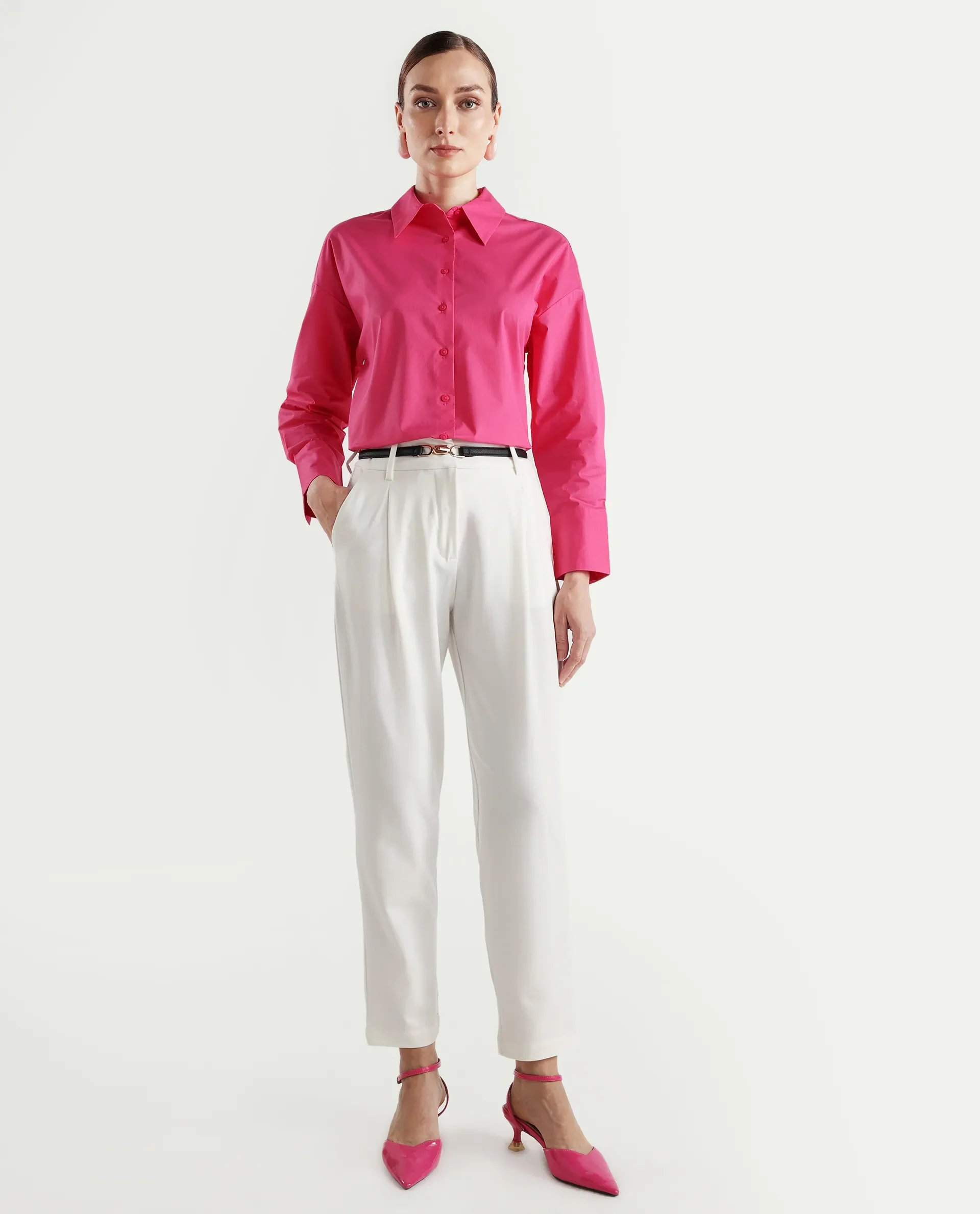 Rareism Women's Epnet Pink Cotton Blend Collared Plain Cuffed Sleeve Boxy Fit Shirt - Image 2