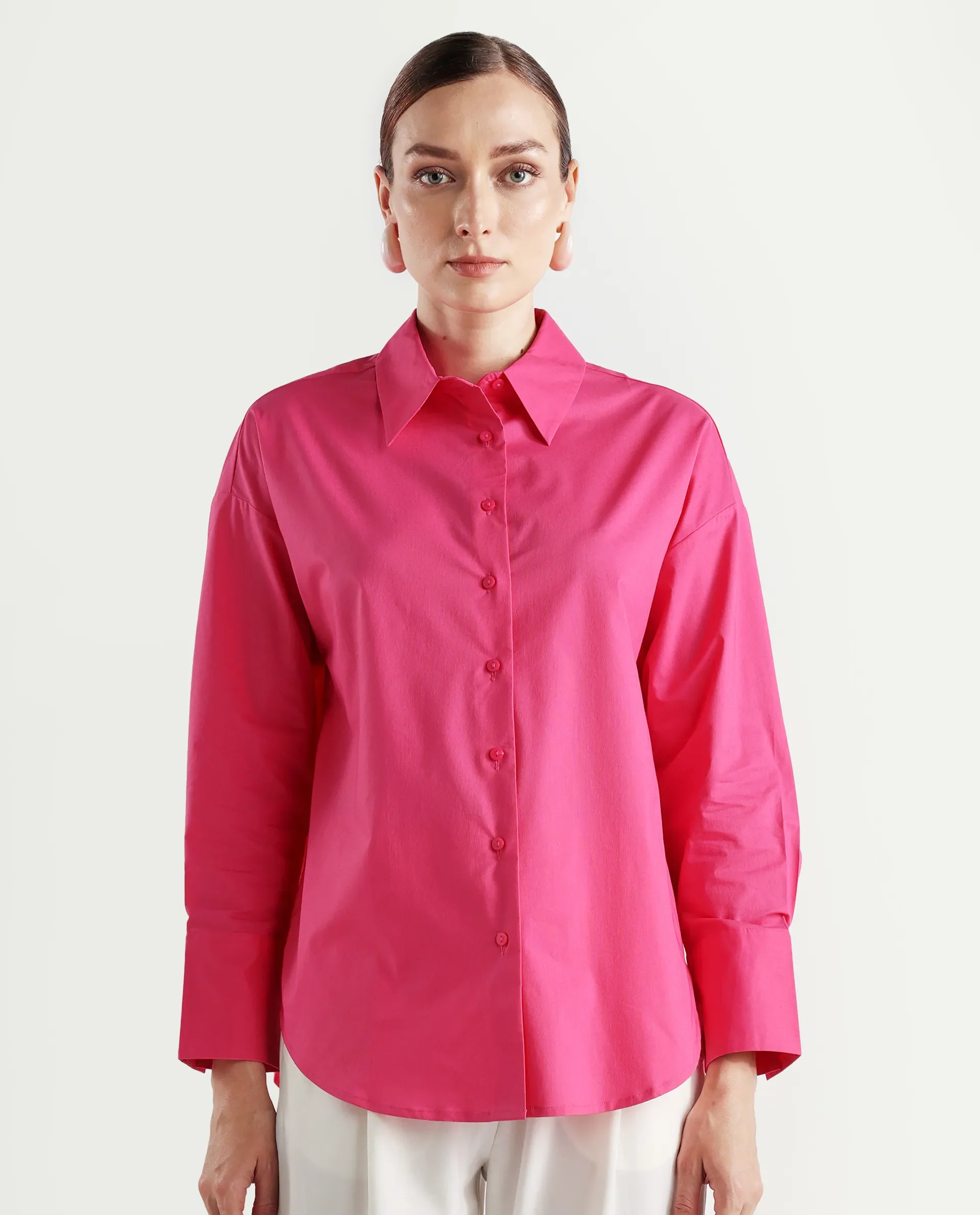 Rareism Women's Epnet Pink Cotton Blend Collared Plain Cuffed Sleeve Boxy Fit Shirt - Image 3