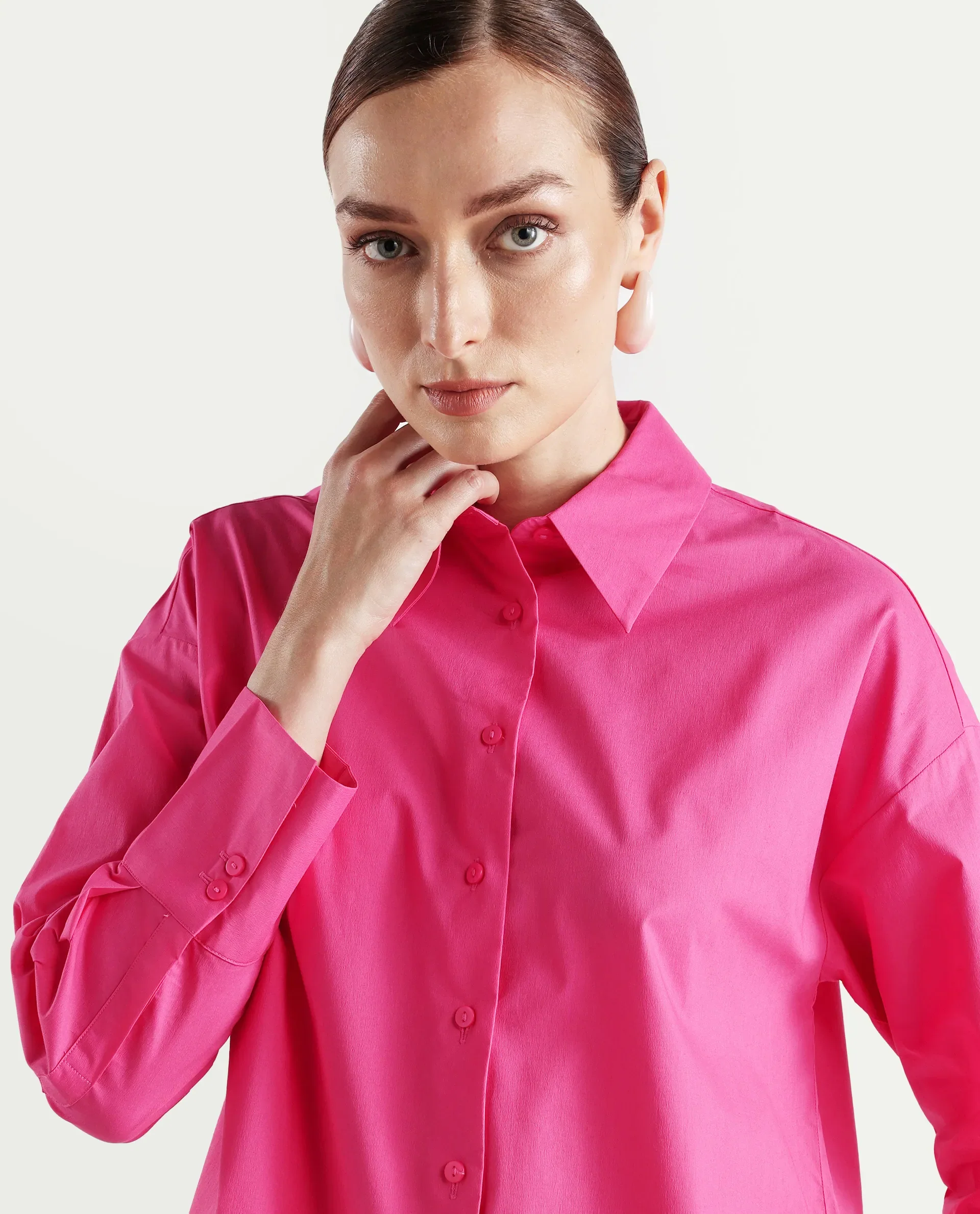 Rareism Women's Epnet Pink Cotton Blend Collared Plain Cuffed Sleeve Boxy Fit Shirt - Image 4