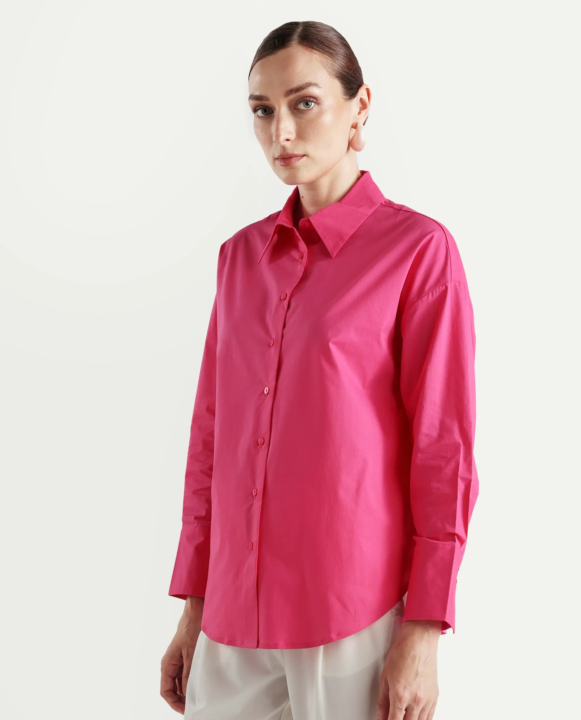 Rareism Women's Epnet Pink Cotton Blend Collared Plain Cuffed Sleeve Boxy Fit Shirt - Image 5