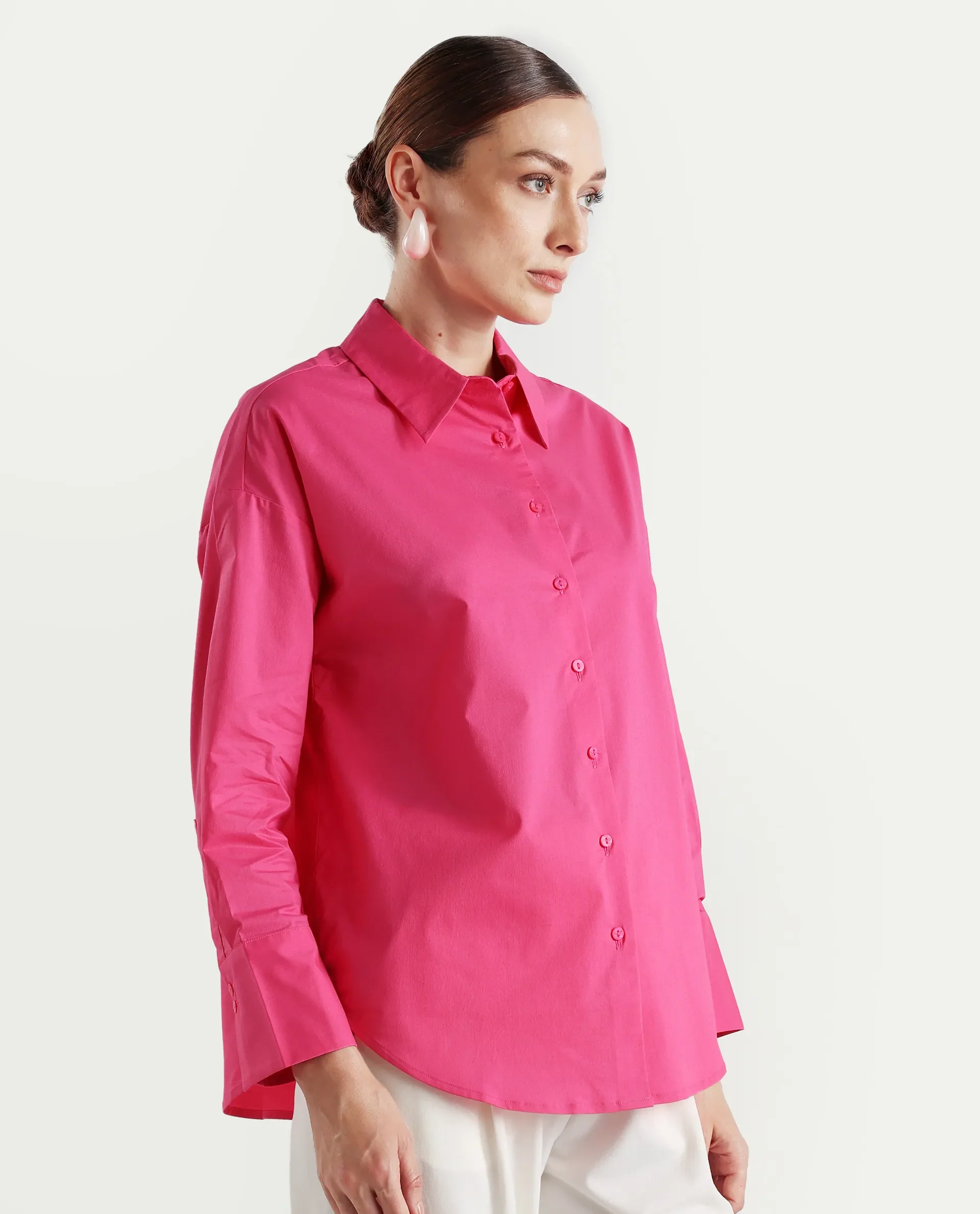 Rareism Women's Epnet Pink Cotton Blend Collared Plain Cuffed Sleeve Boxy Fit Shirt - Image 6