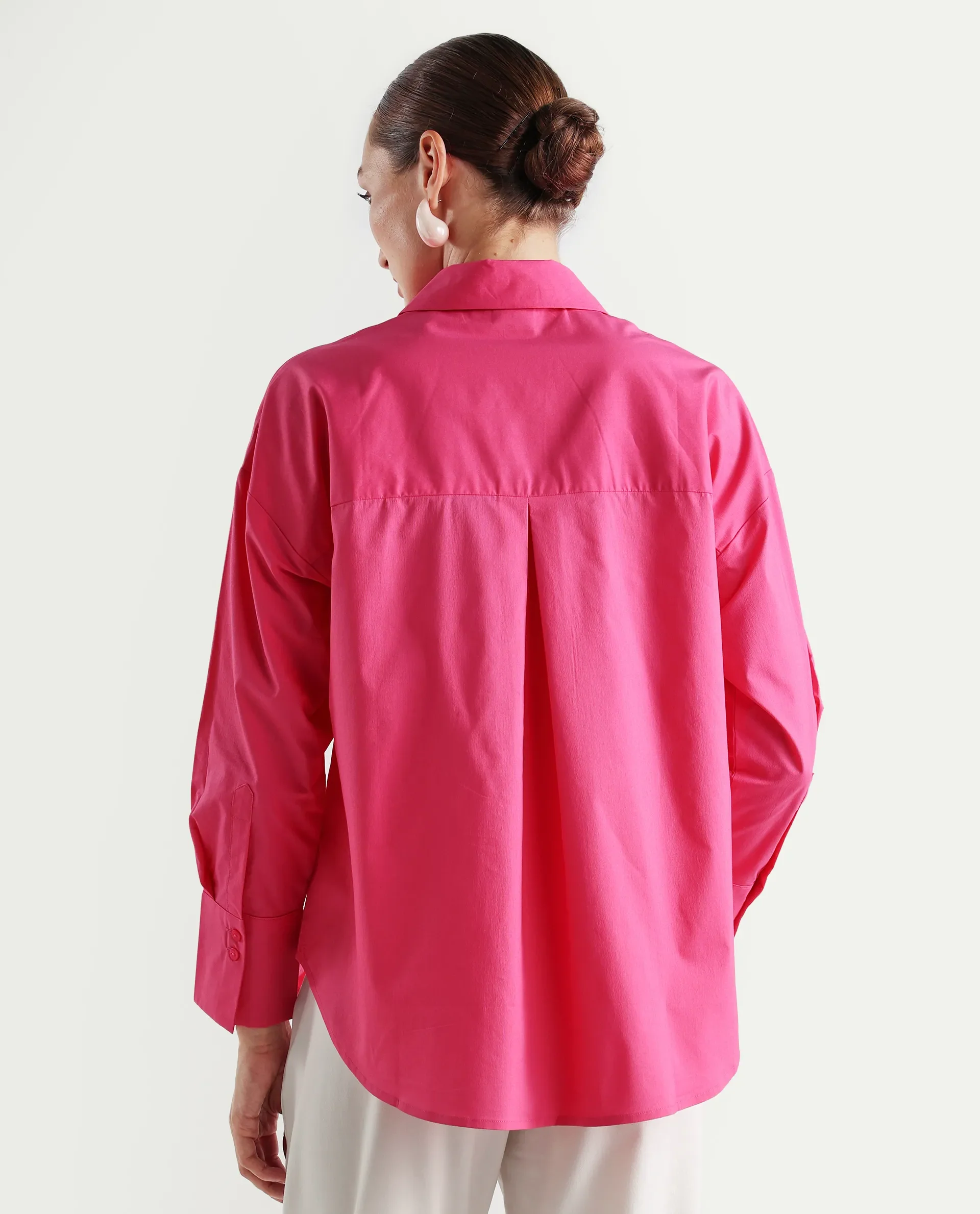 Rareism Women's Epnet Pink Cotton Blend Collared Plain Cuffed Sleeve Boxy Fit Shirt - Image 7