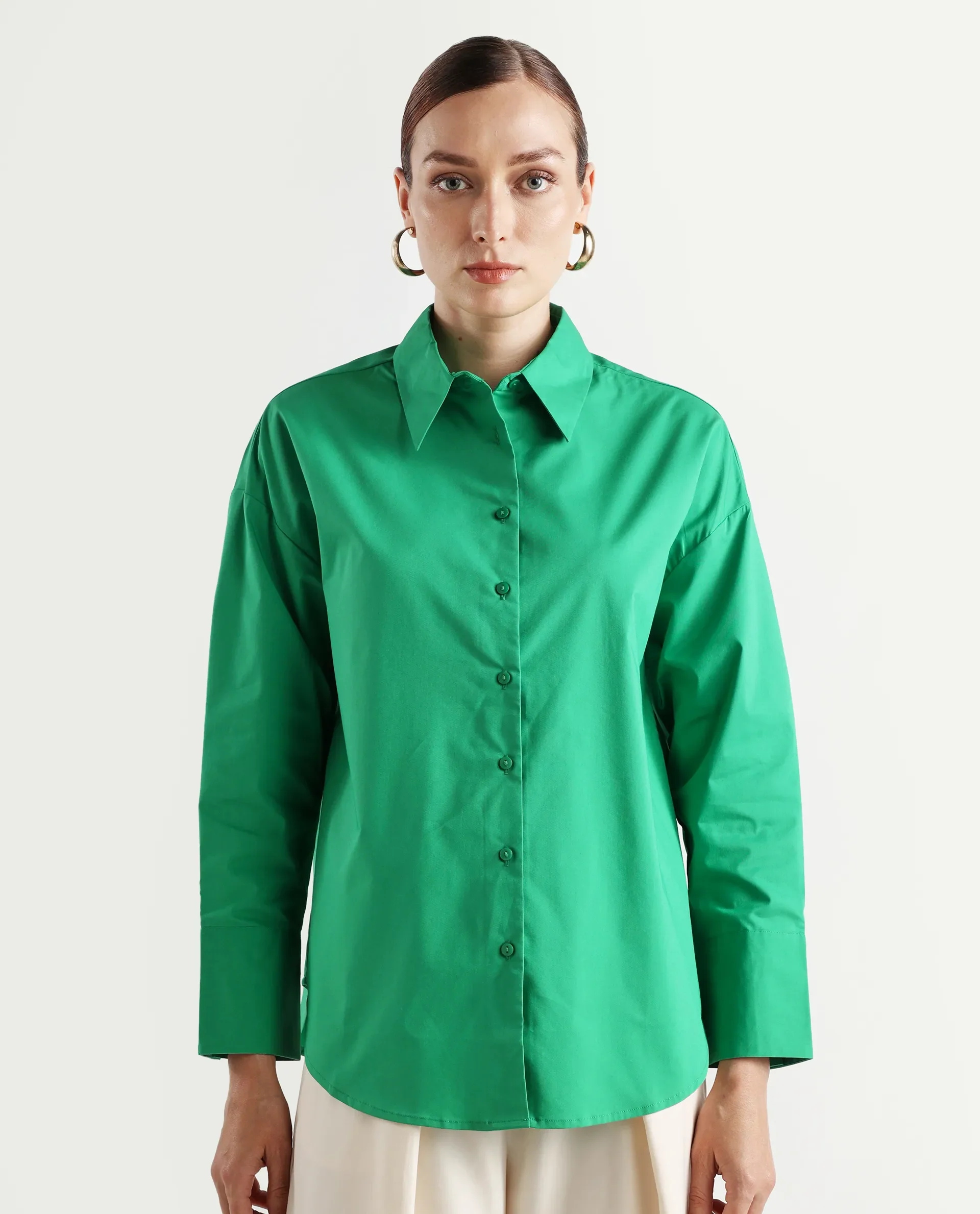 Rareism Women's Epneto Green Cotton Blend Collared Plain Cuffed Sleeve Boxy Fit Shirt - Image 3