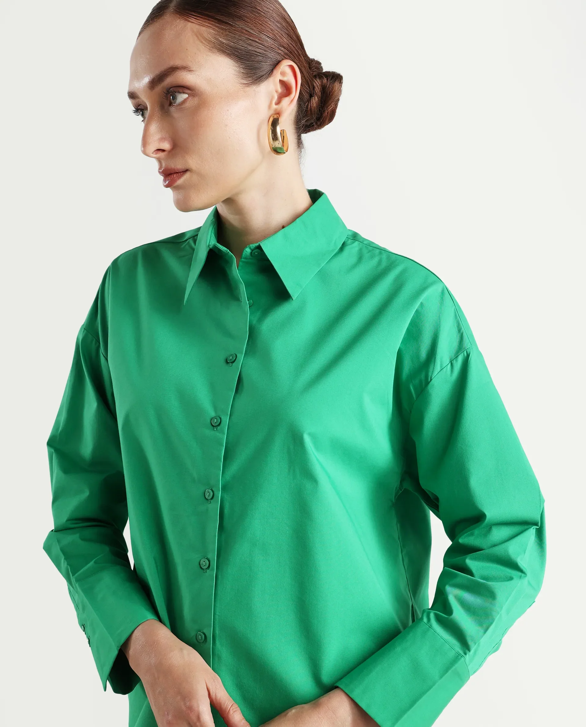 Rareism Women's Epneto Green Cotton Blend Collared Plain Cuffed Sleeve Boxy Fit Shirt - Image 5
