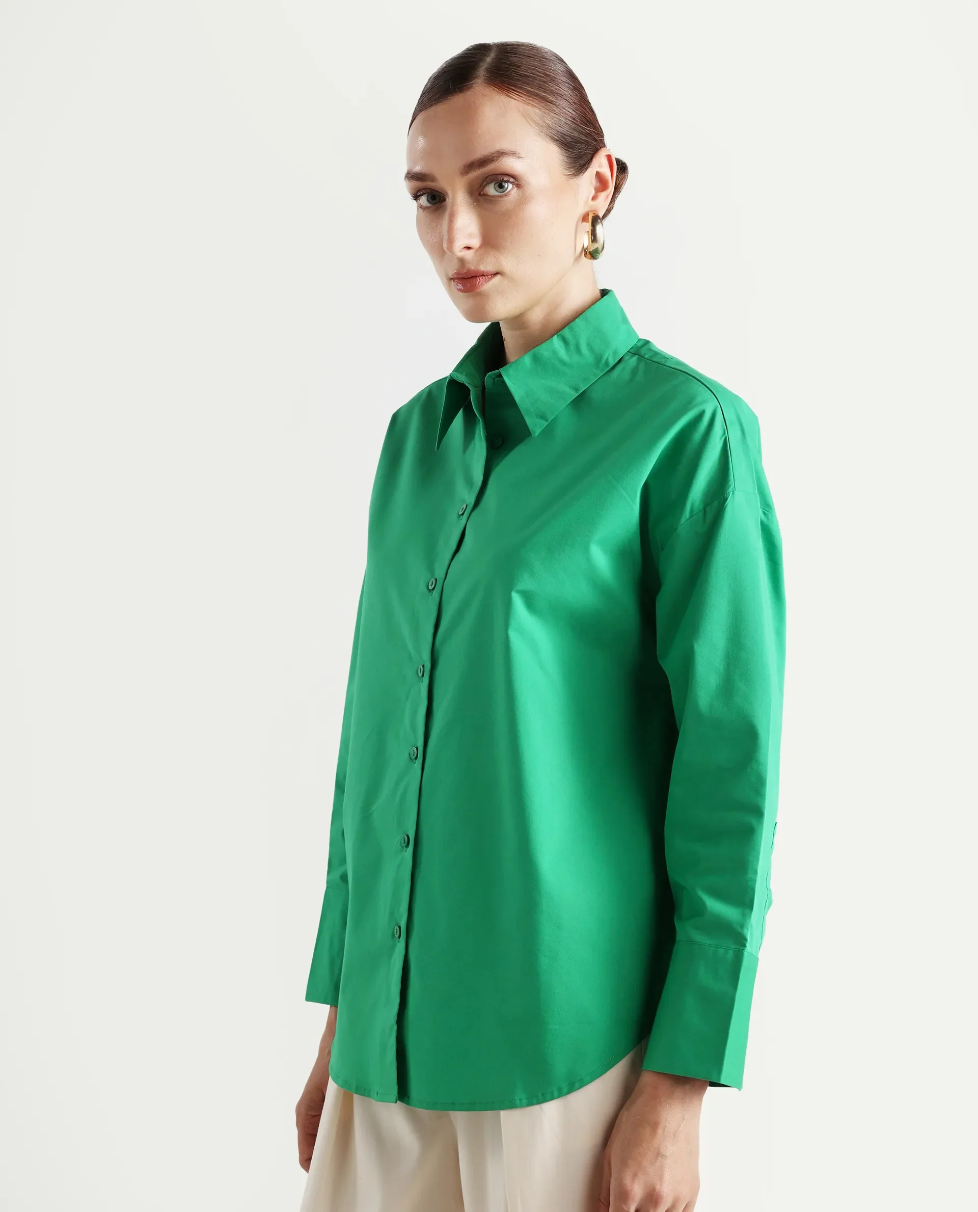 Rareism Women's Epneto Green Cotton Blend Collared Plain Cuffed Sleeve Boxy Fit Shirt - Image 6