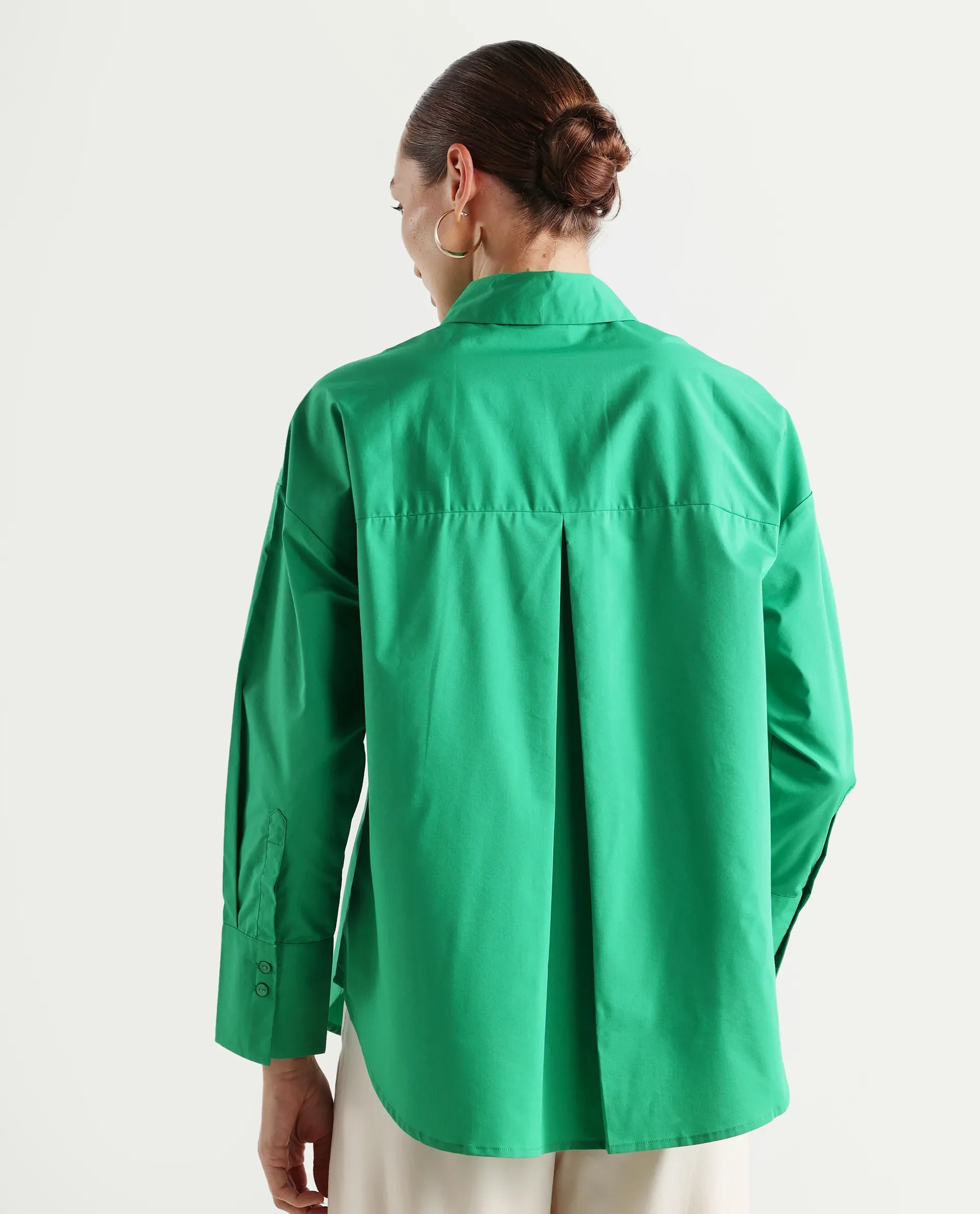 Rareism Women's Epneto Green Cotton Blend Collared Plain Cuffed Sleeve Boxy Fit Shirt - Image 8