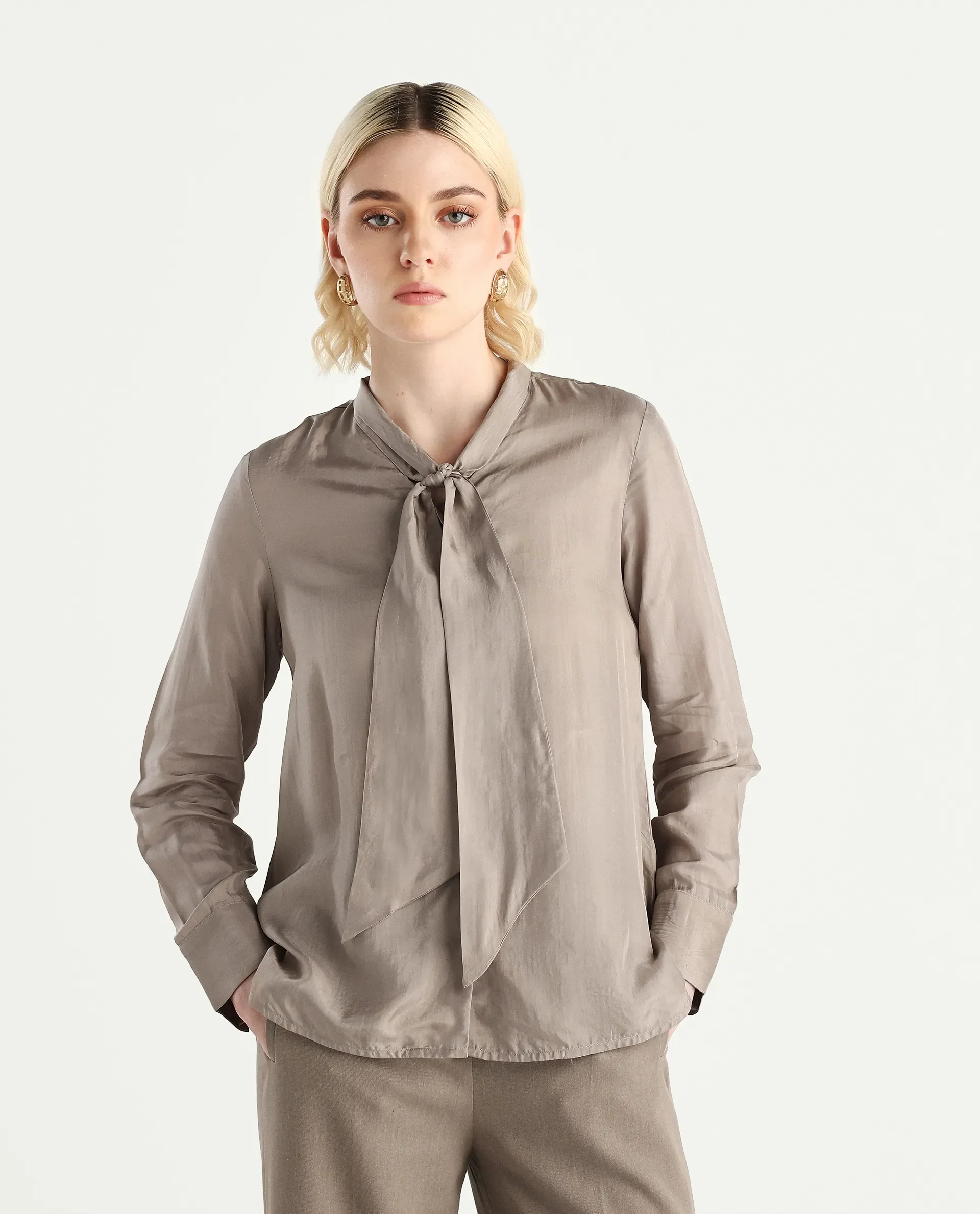Rareism Women's Epoam Grey Cotton Blend Plain Cuffed Sleeve Regular Fit Shirt - Image 3