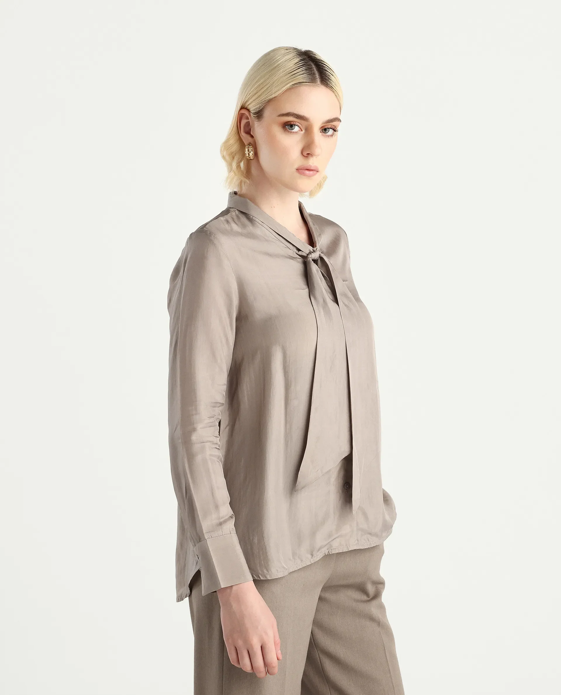 Rareism Women's Epoam Grey Cotton Blend Plain Cuffed Sleeve Regular Fit Shirt - Image 6