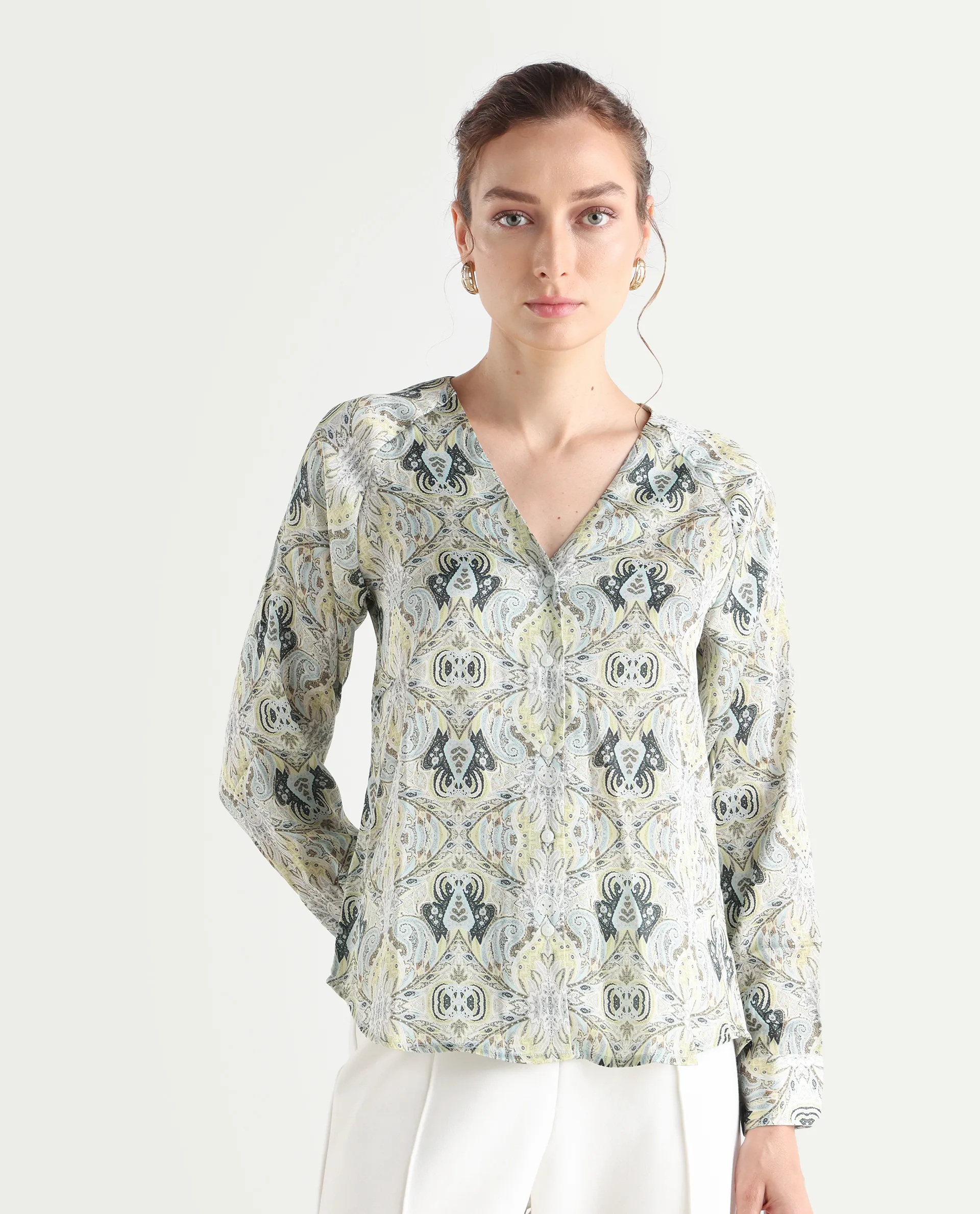 Rareism Women's Epoll Multi Satin Abstract Print Raglan Sleeve Relaxed Fit Top - Image 3