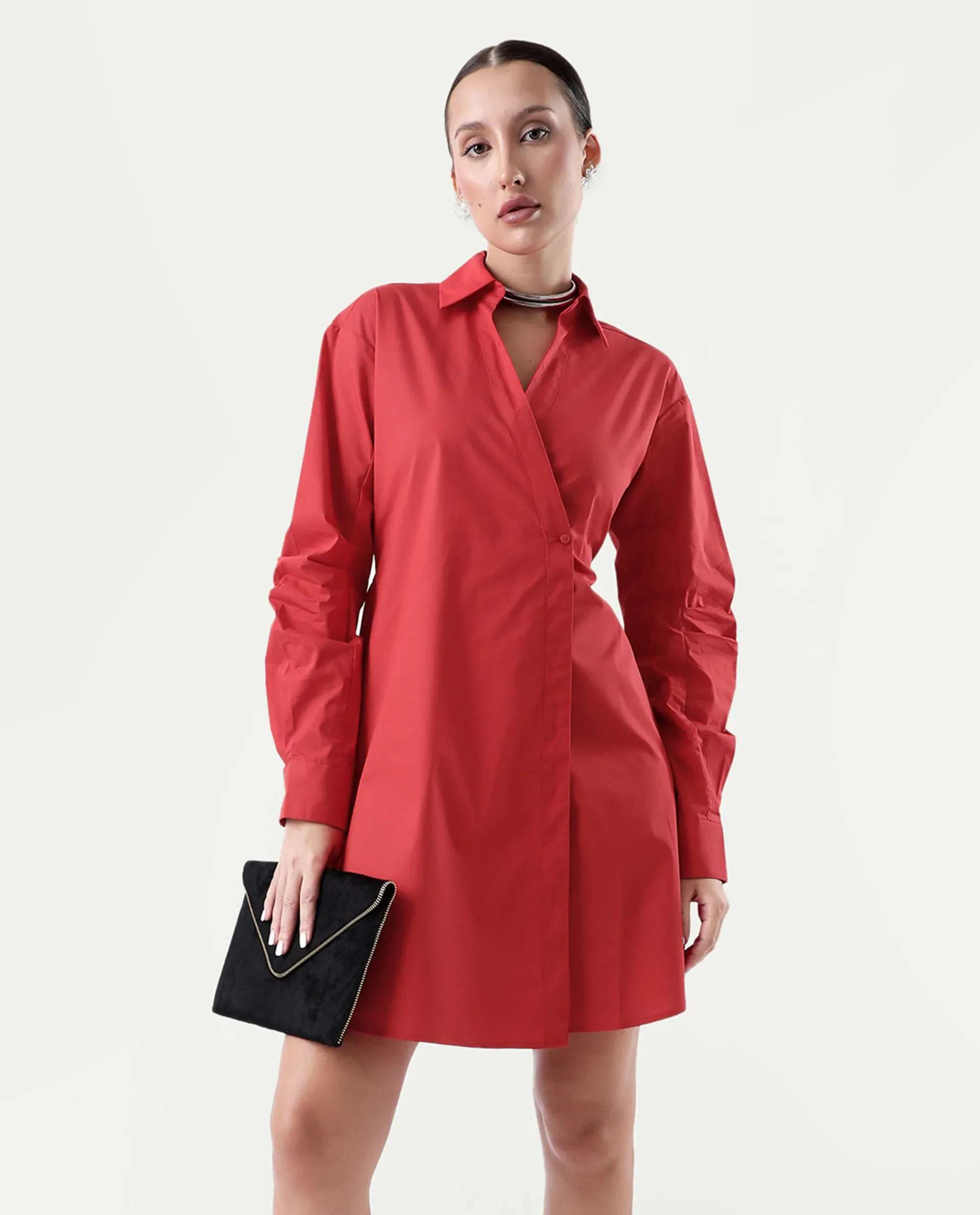 Rareism Women's Epops Red Polyester Blend Collared Plain Cuffed Sleeve Knee Length A-Line Dress