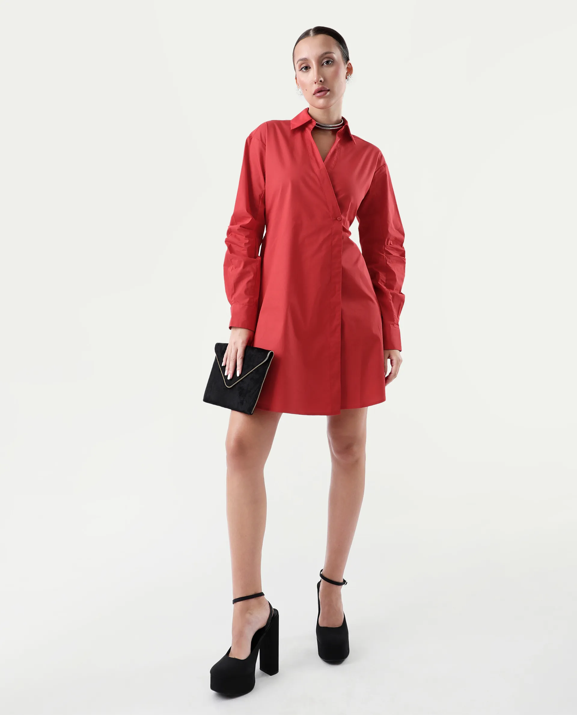 Rareism Women's Epops Red Polyester Blend Collared Plain Cuffed Sleeve Knee Length A-Line Dress - Image 2