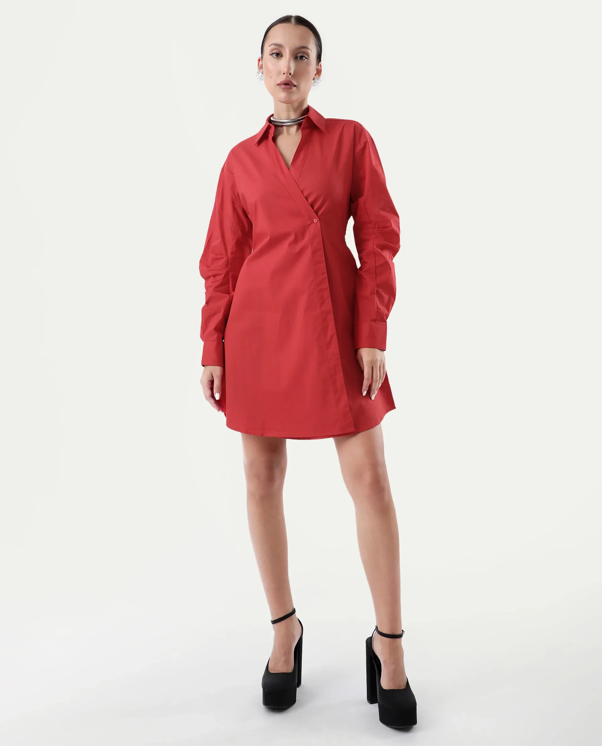 Rareism Women's Epops Red Polyester Blend Collared Plain Cuffed Sleeve Knee Length A-Line Dress - Image 3